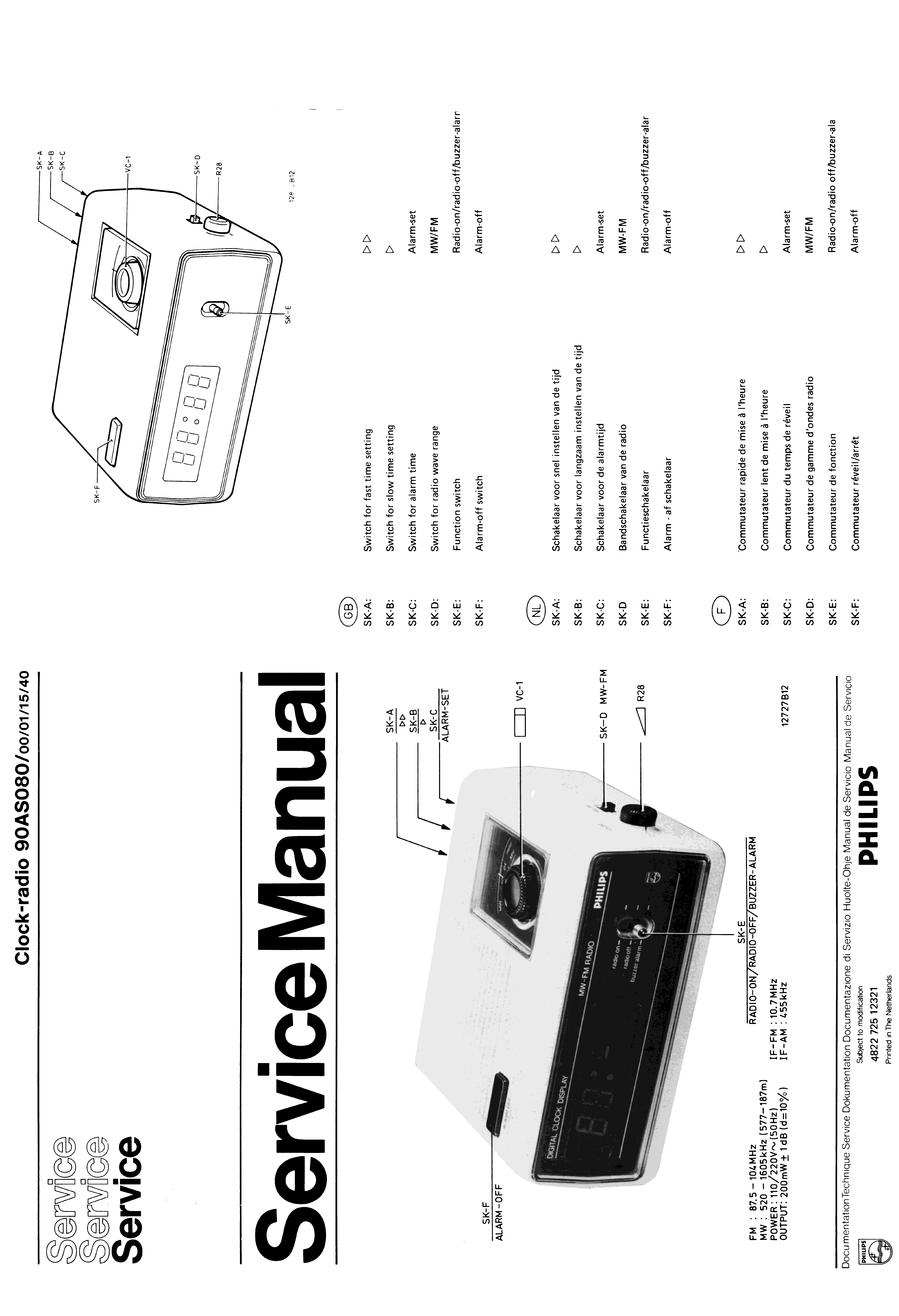 PHILIPS CLOCK-RADIO 90AS080 SM service manual (1st page)