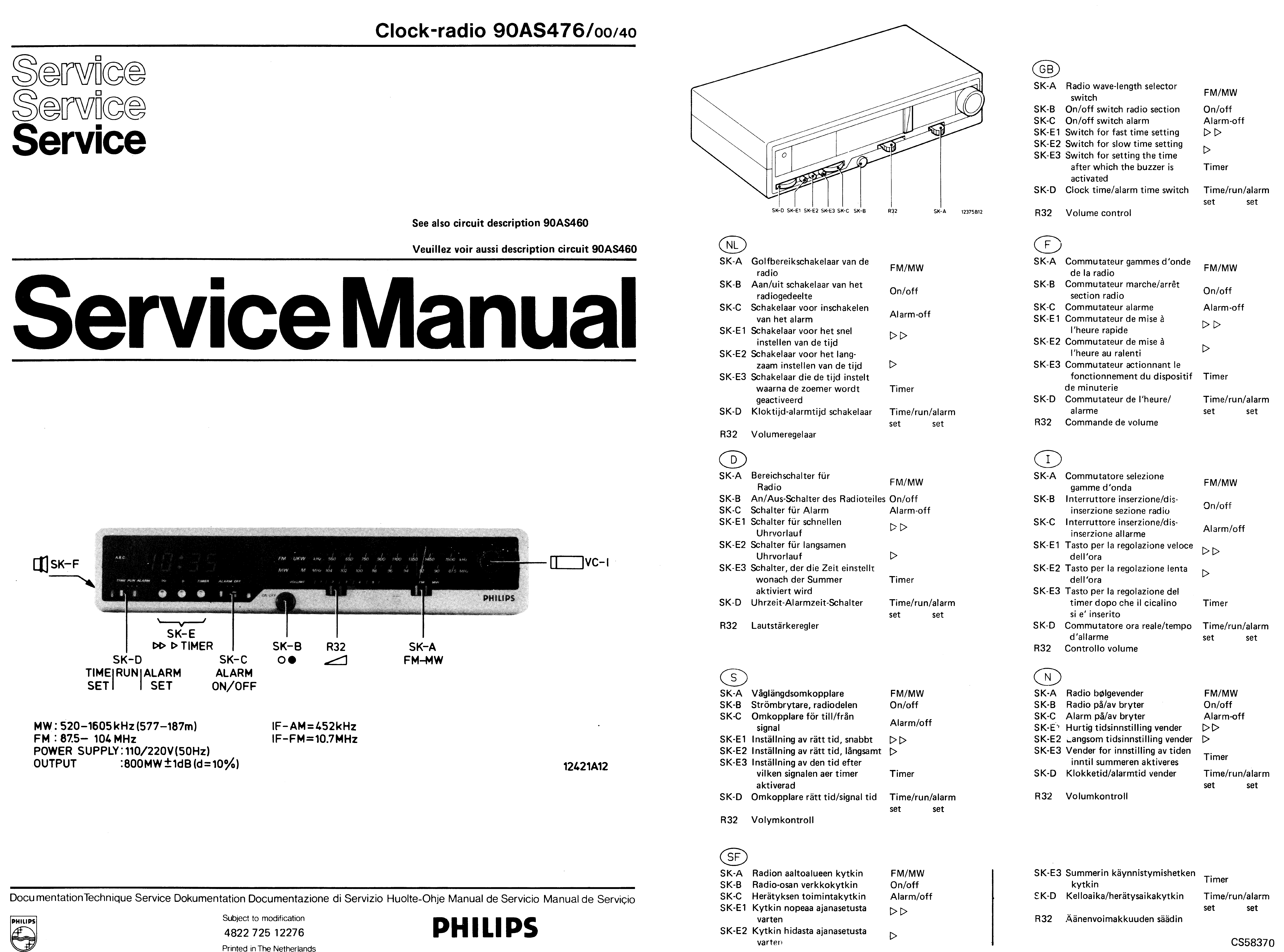PHILIPS CLOCK-RADIO 90AS476 SM service manual (1st page)