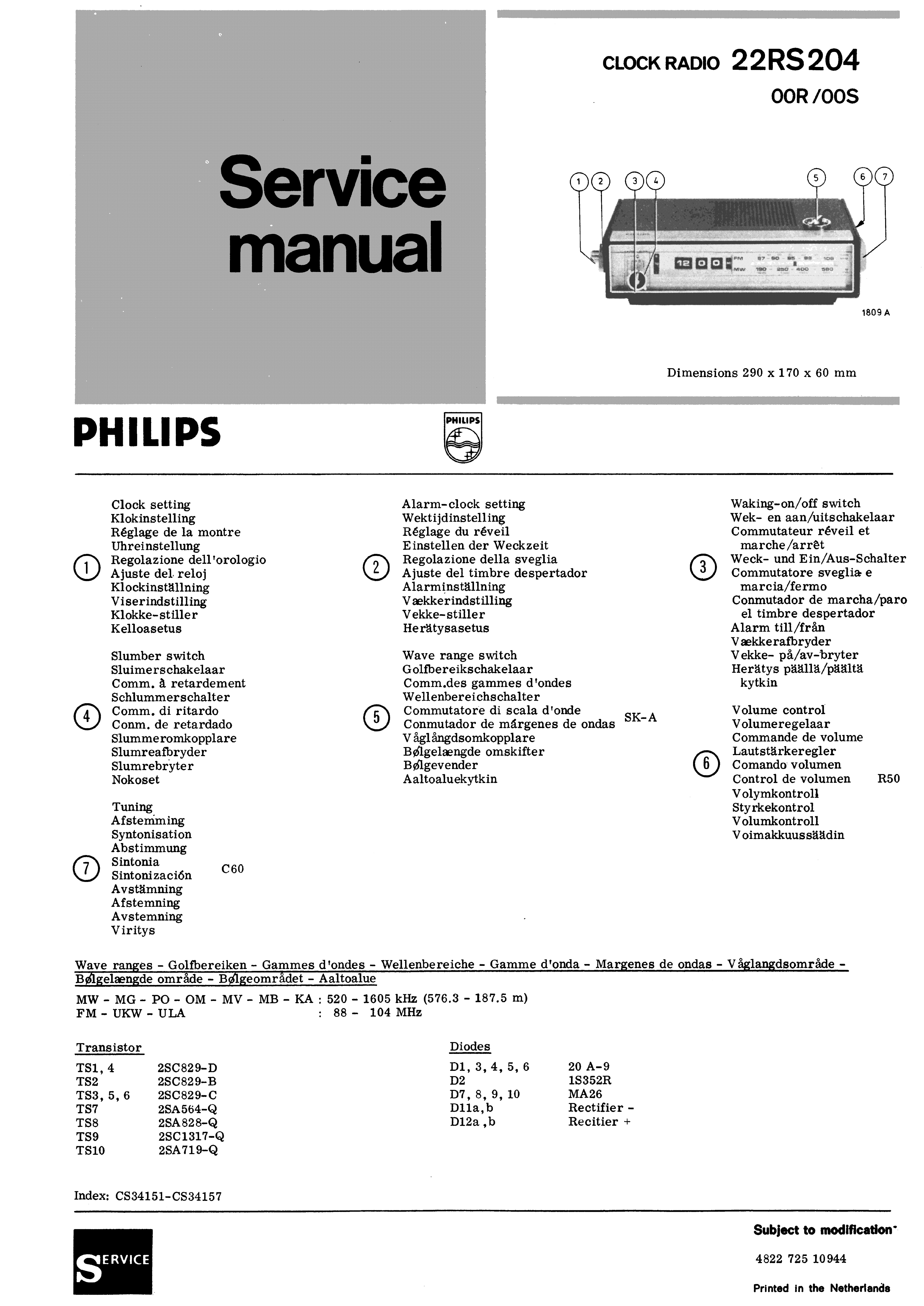 PHILIPS CLOCK RADIO 22RS204 SM service manual (1st page)
