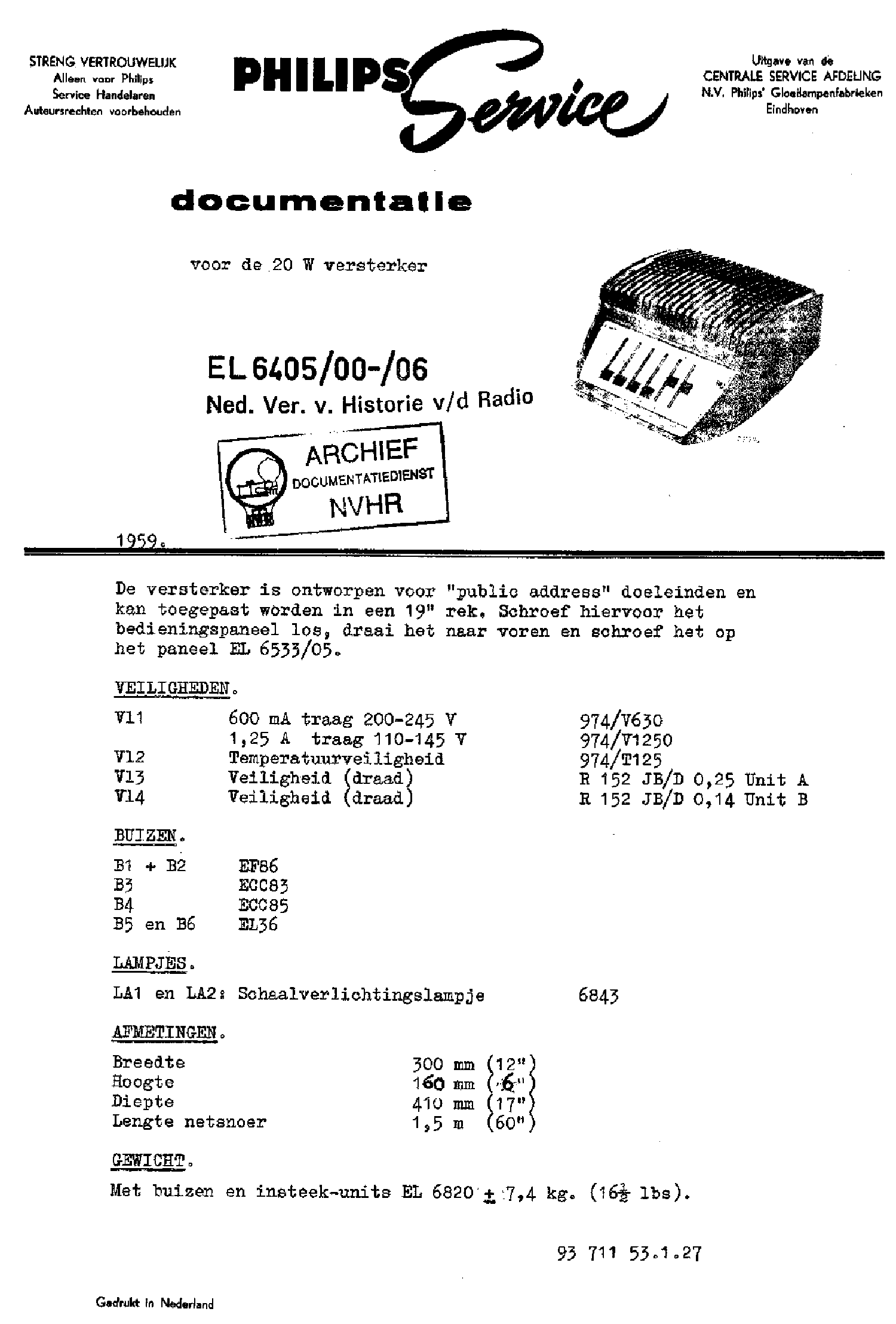 PHILIPS EL6405-00-06 2XEL36 20W AMPLIFIER 1959 SM service manual (1st page)
