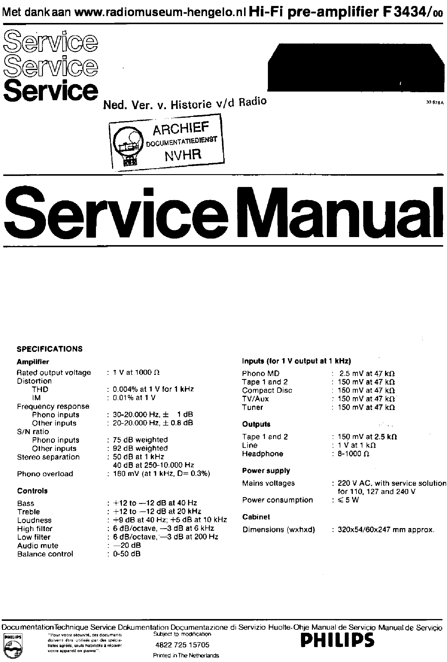 PHILIPS F3434-00 HIFI PREAMPLIFRER SM service manual (1st page)