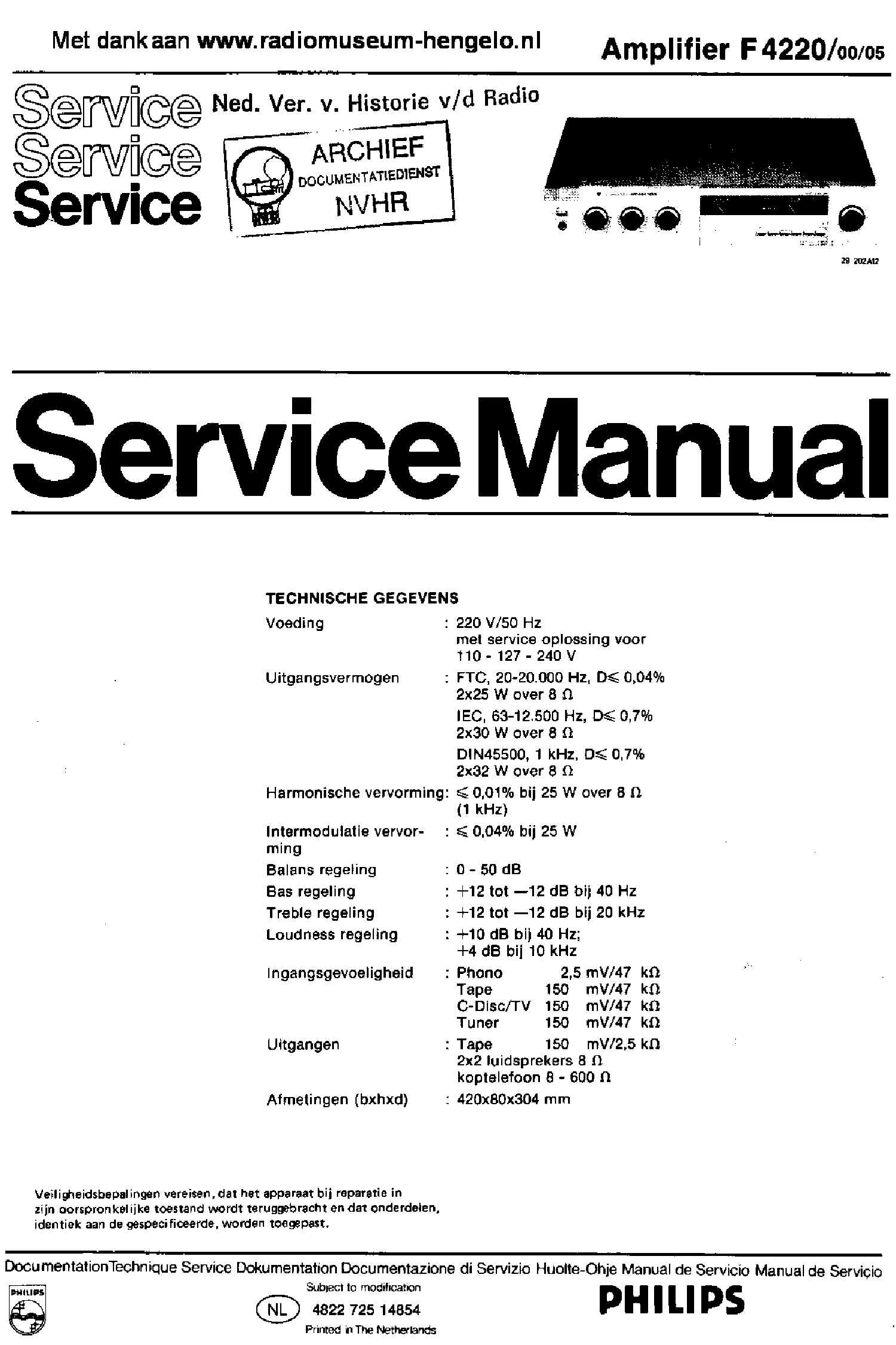 PHILIPS F4220-00-05 2X30W AMPLIFIER SM service manual (1st page)