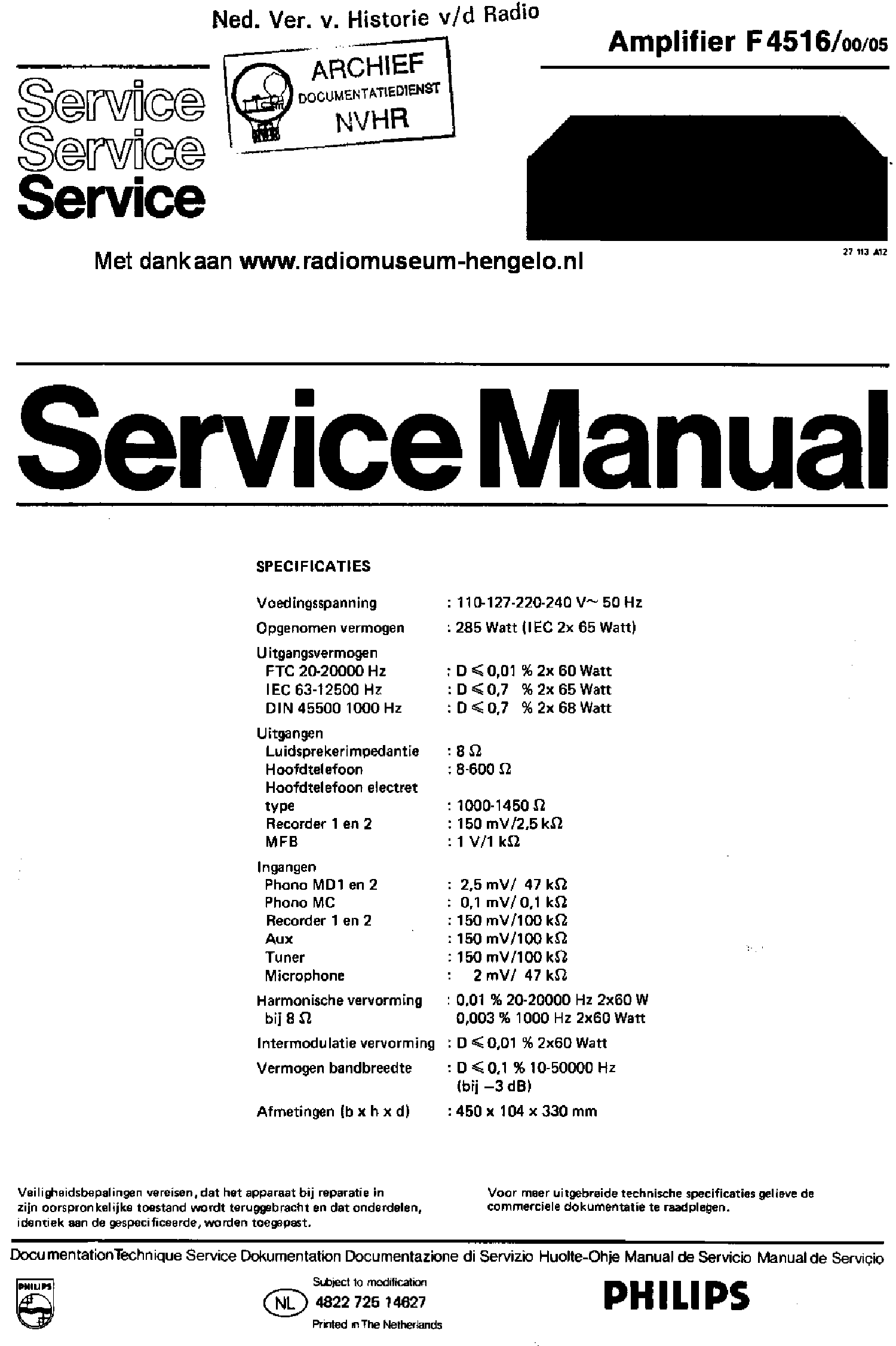 PHILIPS F4516 2X60W AMPLIFIER SM service manual (1st page)
