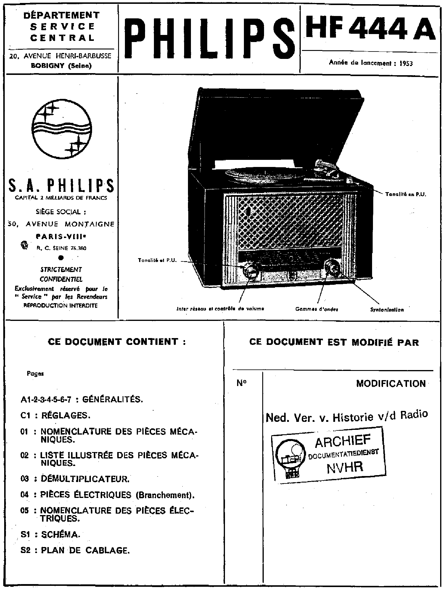 PHILIPS HF444A RADIO GRAMOPHONE 1953 SM service manual (1st page)