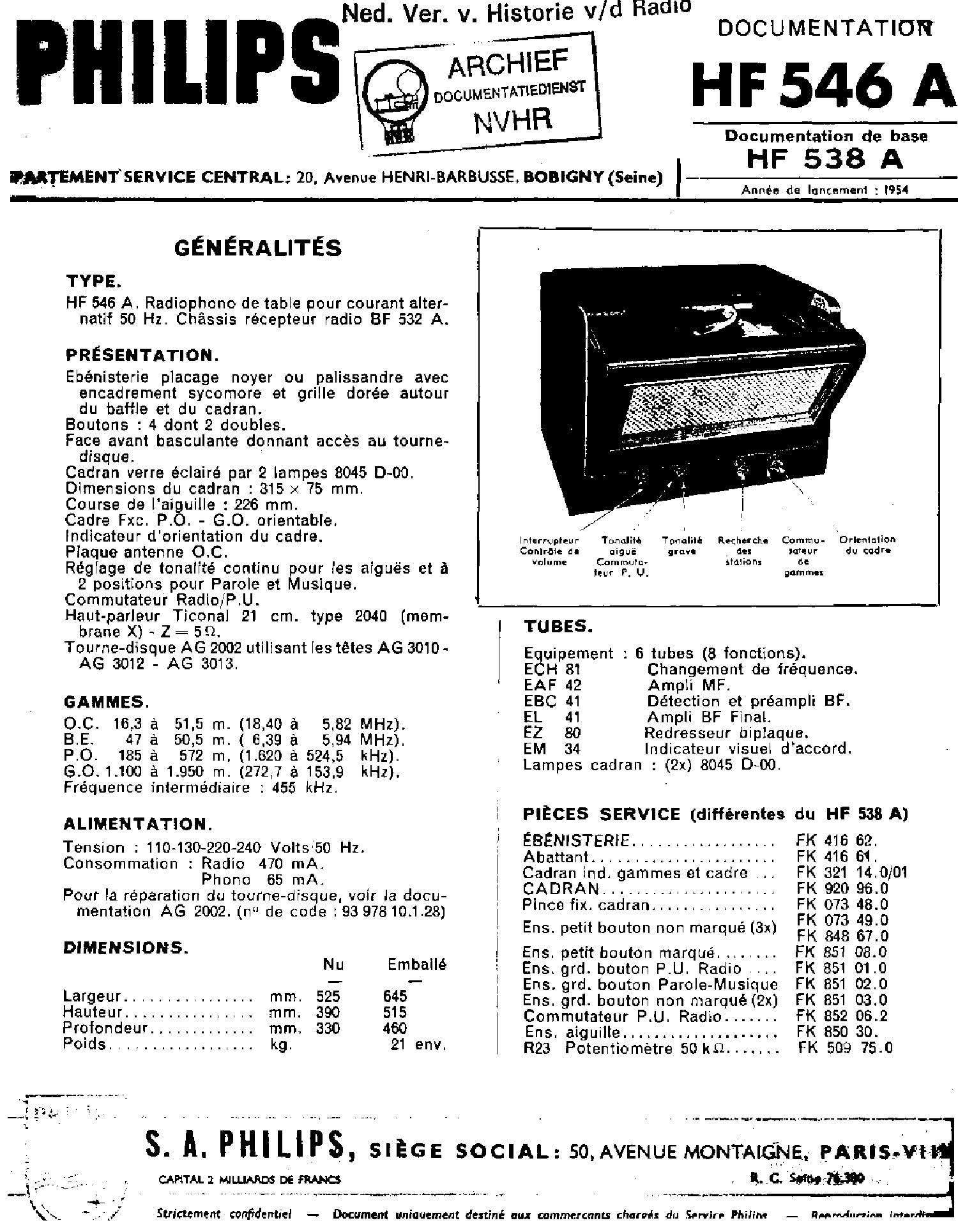 PHILIPS HF546A. RADIO-PHONO ON HF538A BASE,CH.BF532 1954 SM service manual (1st page)