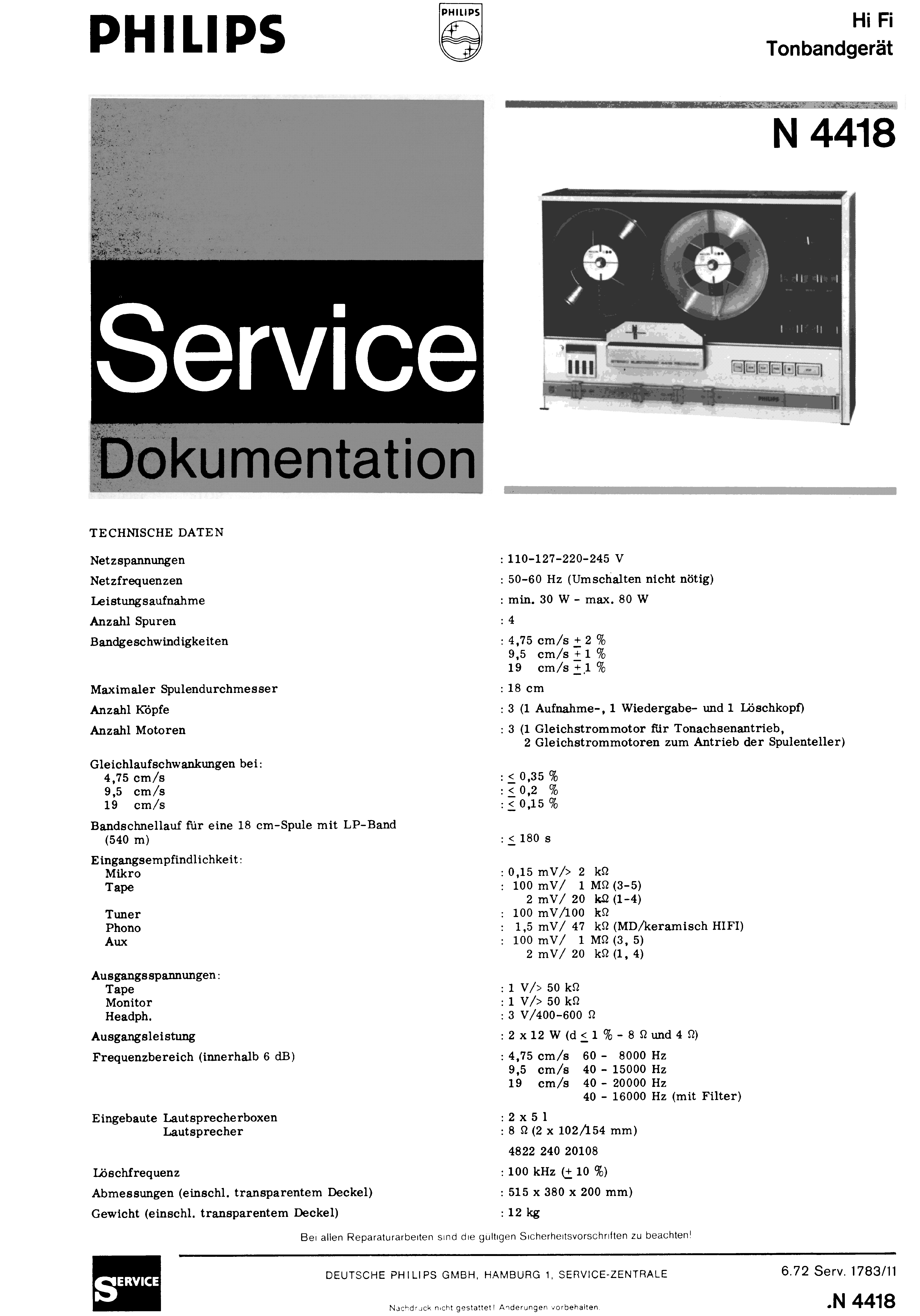 PHILIPS HIFI TONBANDGERAET N4418 SM service manual (1st page)