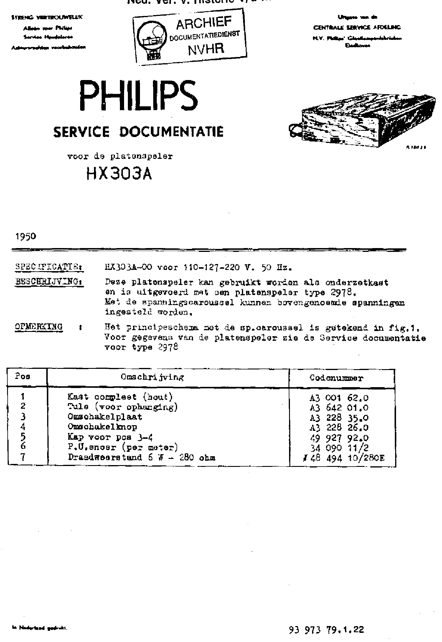 PHILIPS HX303A TURNTABLE SERVICE-INFO 1950 SM service manual (1st page)