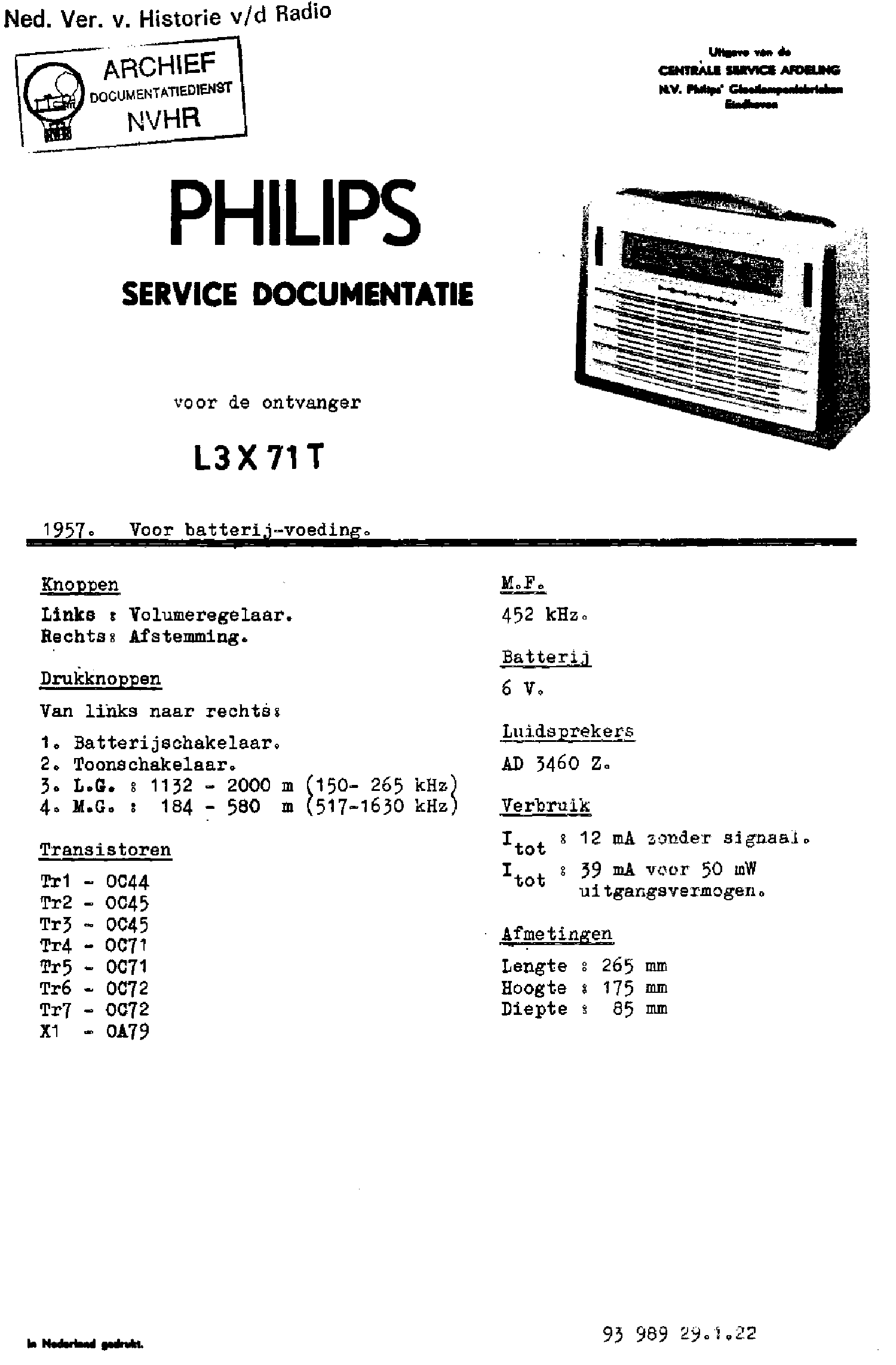 PHILIPS L3X71T PORTABLE RADIO 1957 SM service manual