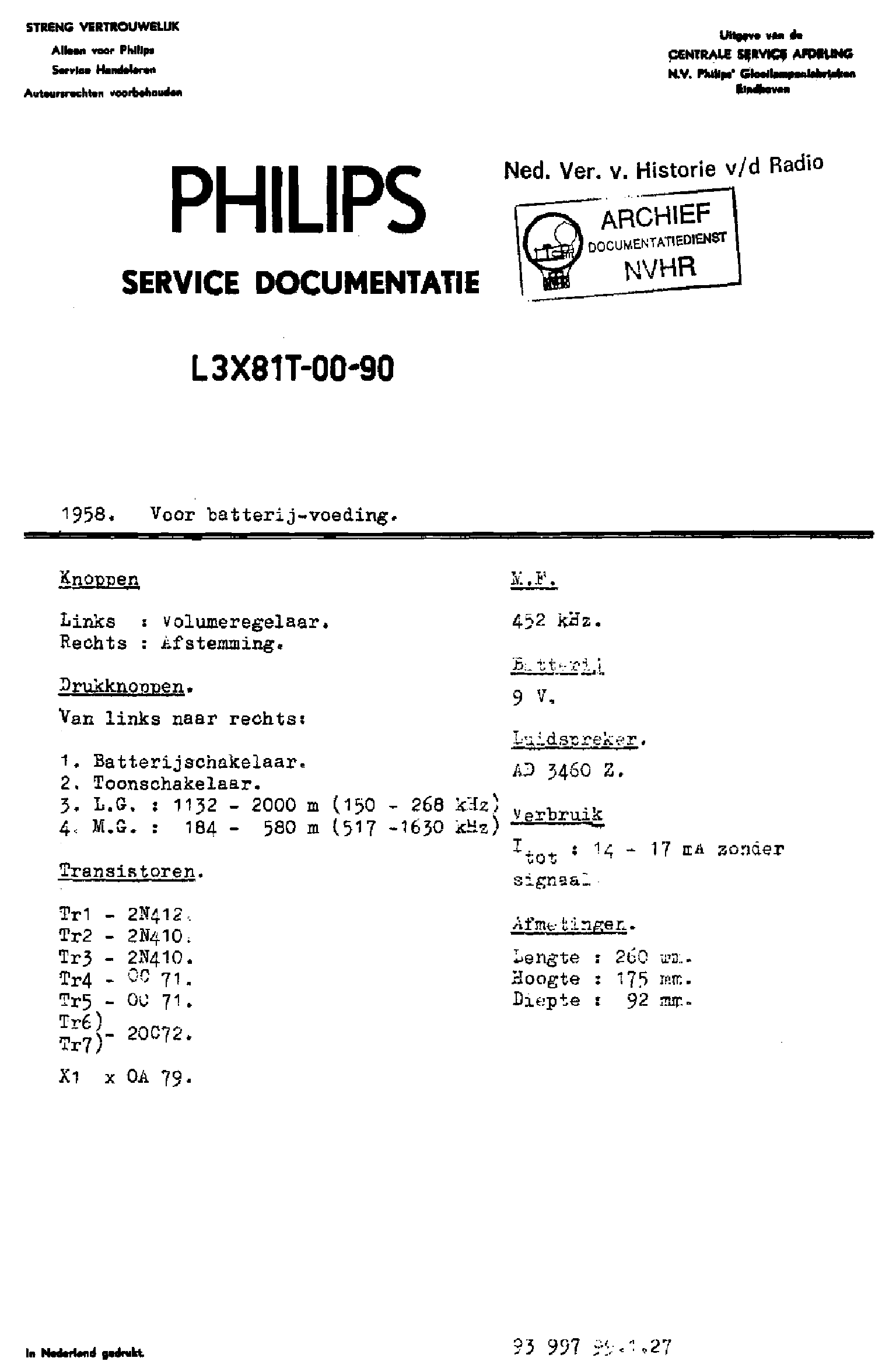 PHILIPS L3X81T-00-90 9V RADIO 1958 SM service manual (1st page)