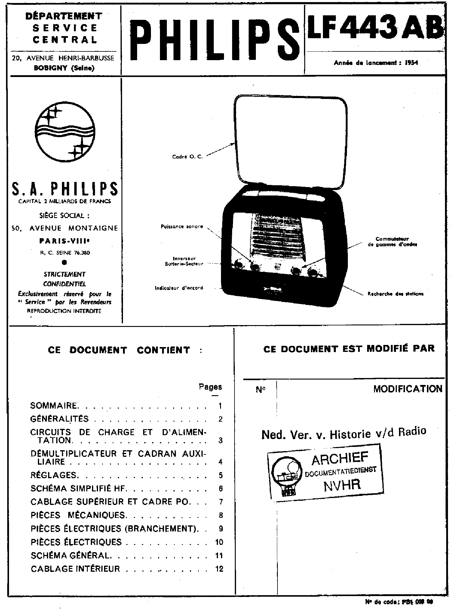 PHILIPS LF443AB PORTABLE VALVES AC-BATTERYY RECEIVER 1954 SM service manual (1st page)