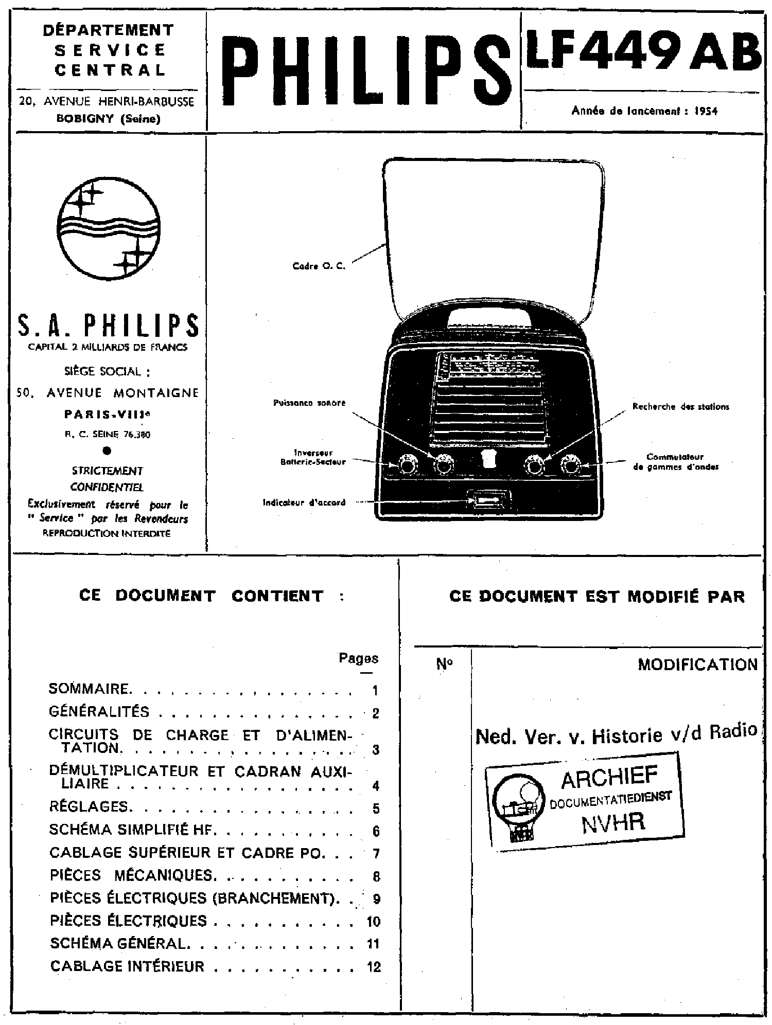 PHILIPS LF449AB AC RECEIVER 1954 SM service manual (1st page)