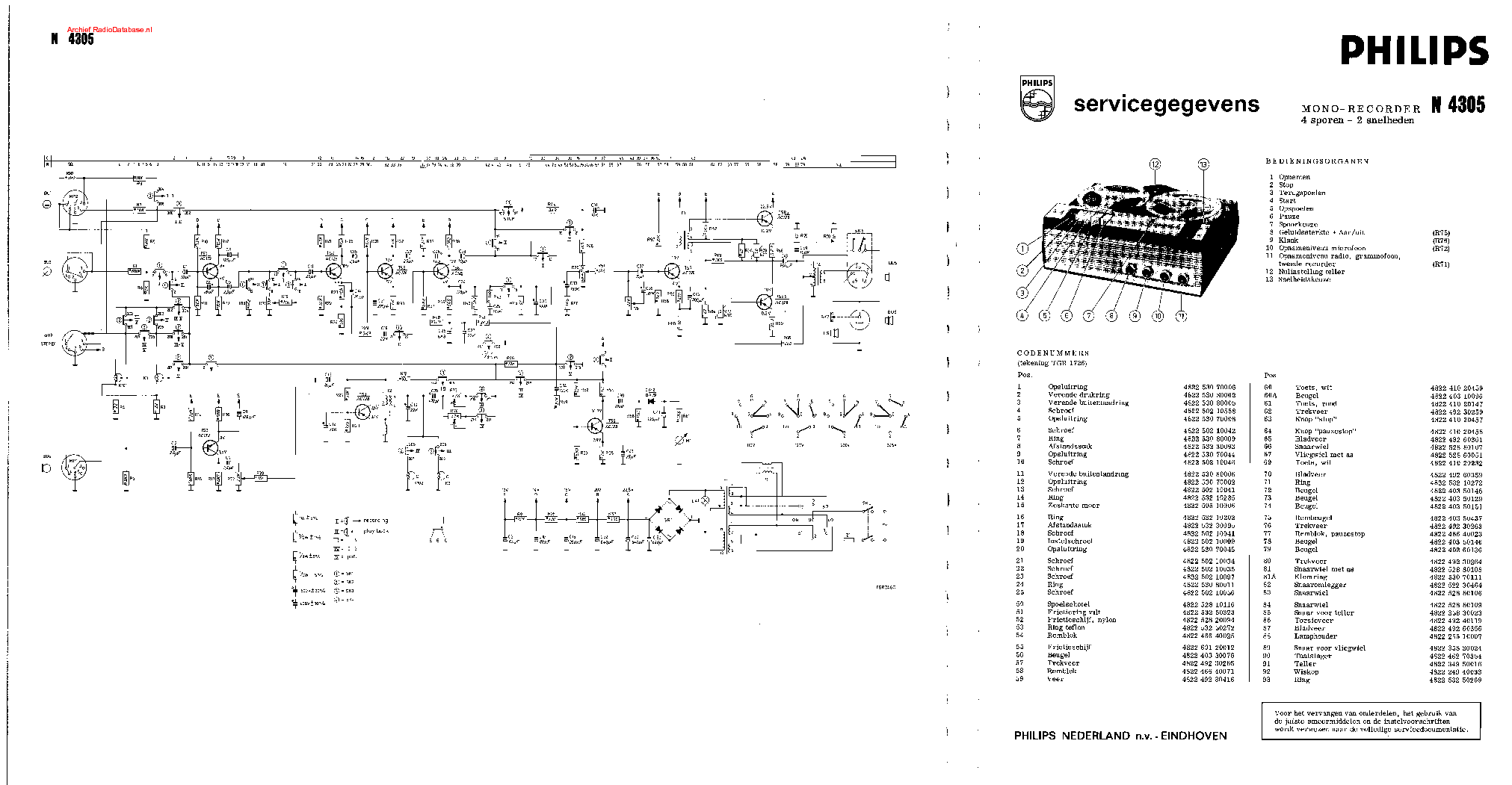 PHILIPS N4305 MONO-RECORDER MAGNETOFON SM service manual (1st page)