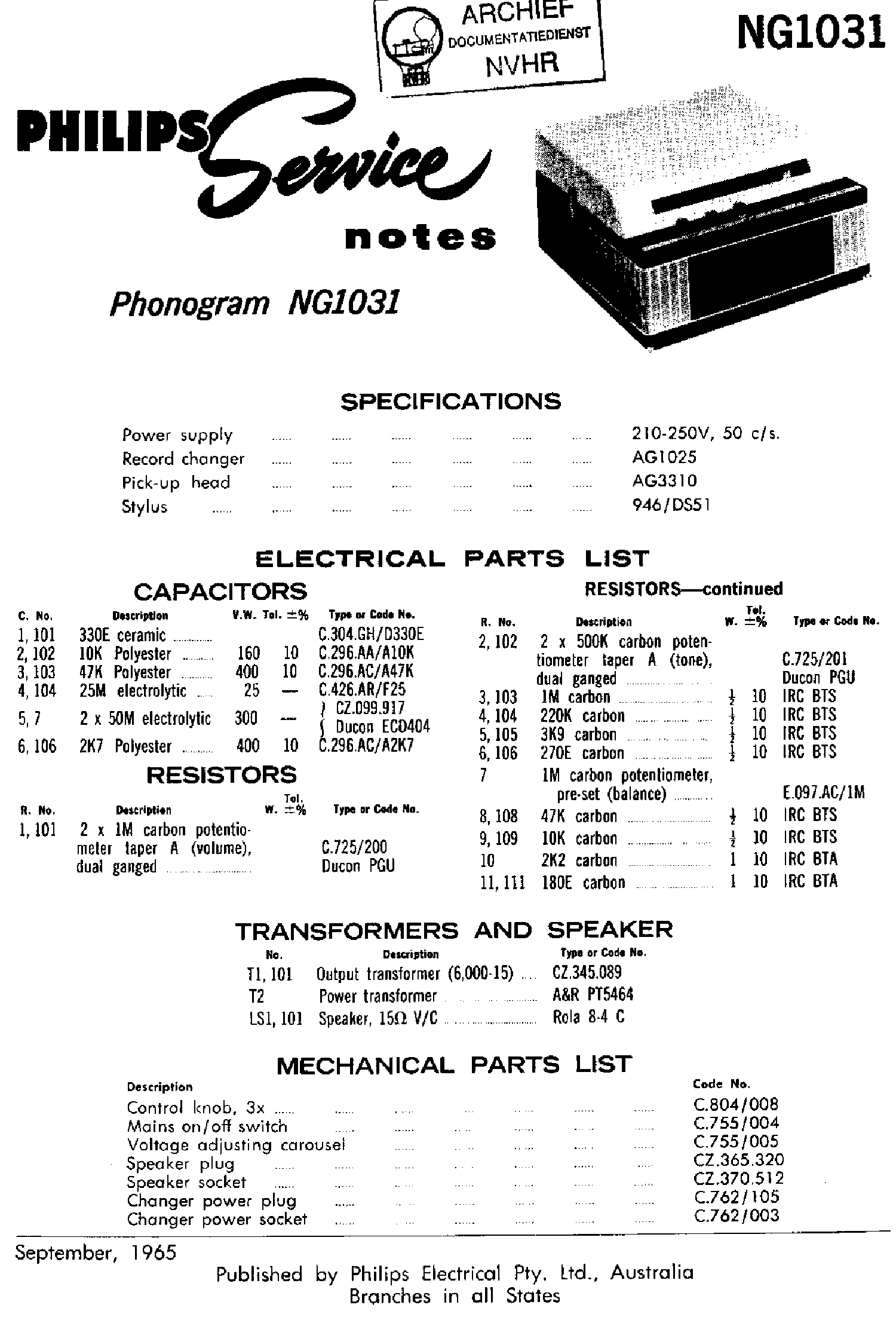 PHILIPS NG1031 TRANSPORTABLE PHONOGRAMM 1965 SM service manual (1st page)