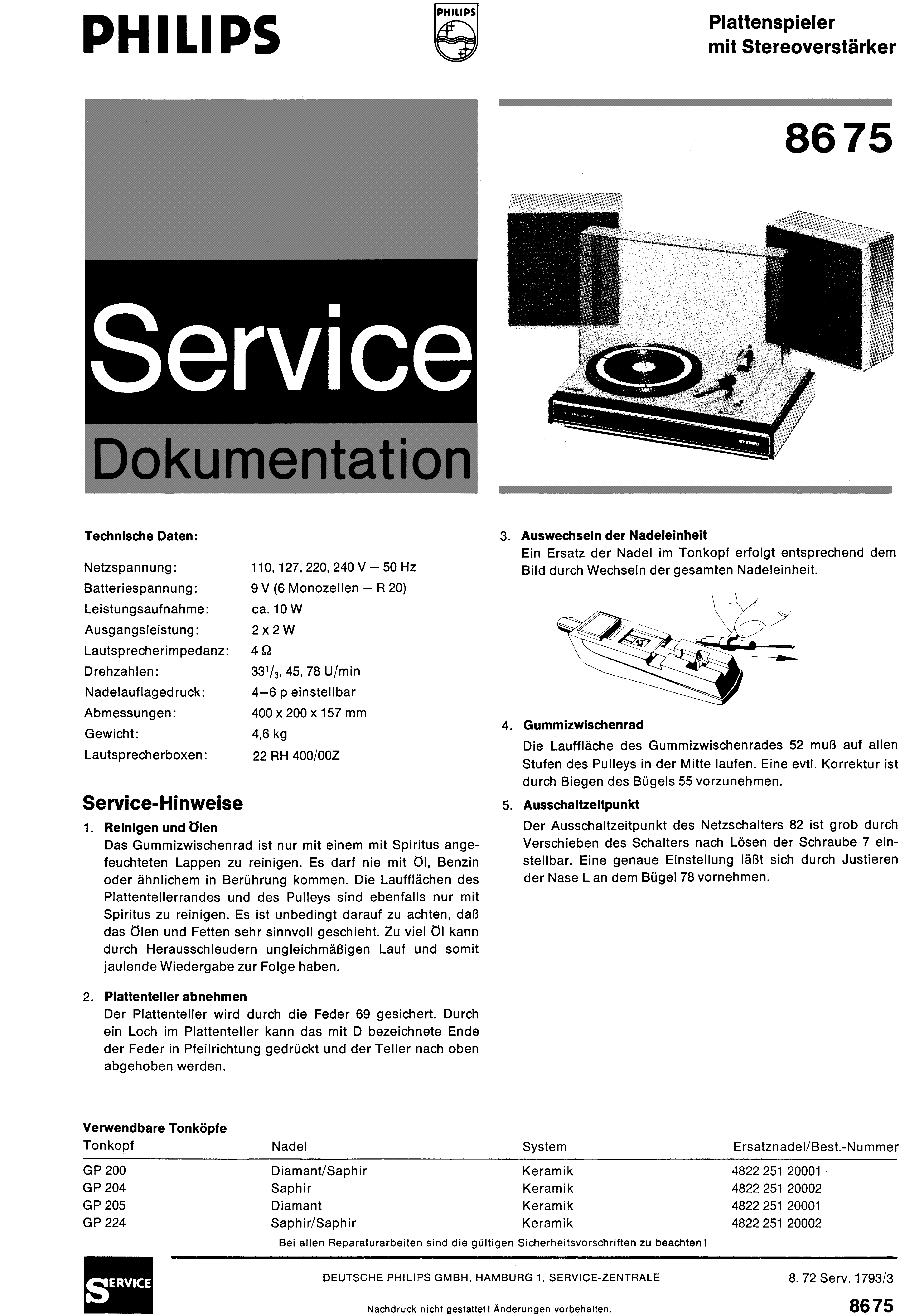 PHILIPS PLATTENSPIELER MIT STEREOVERSTAERKER 8675 SM service manual (1st page)