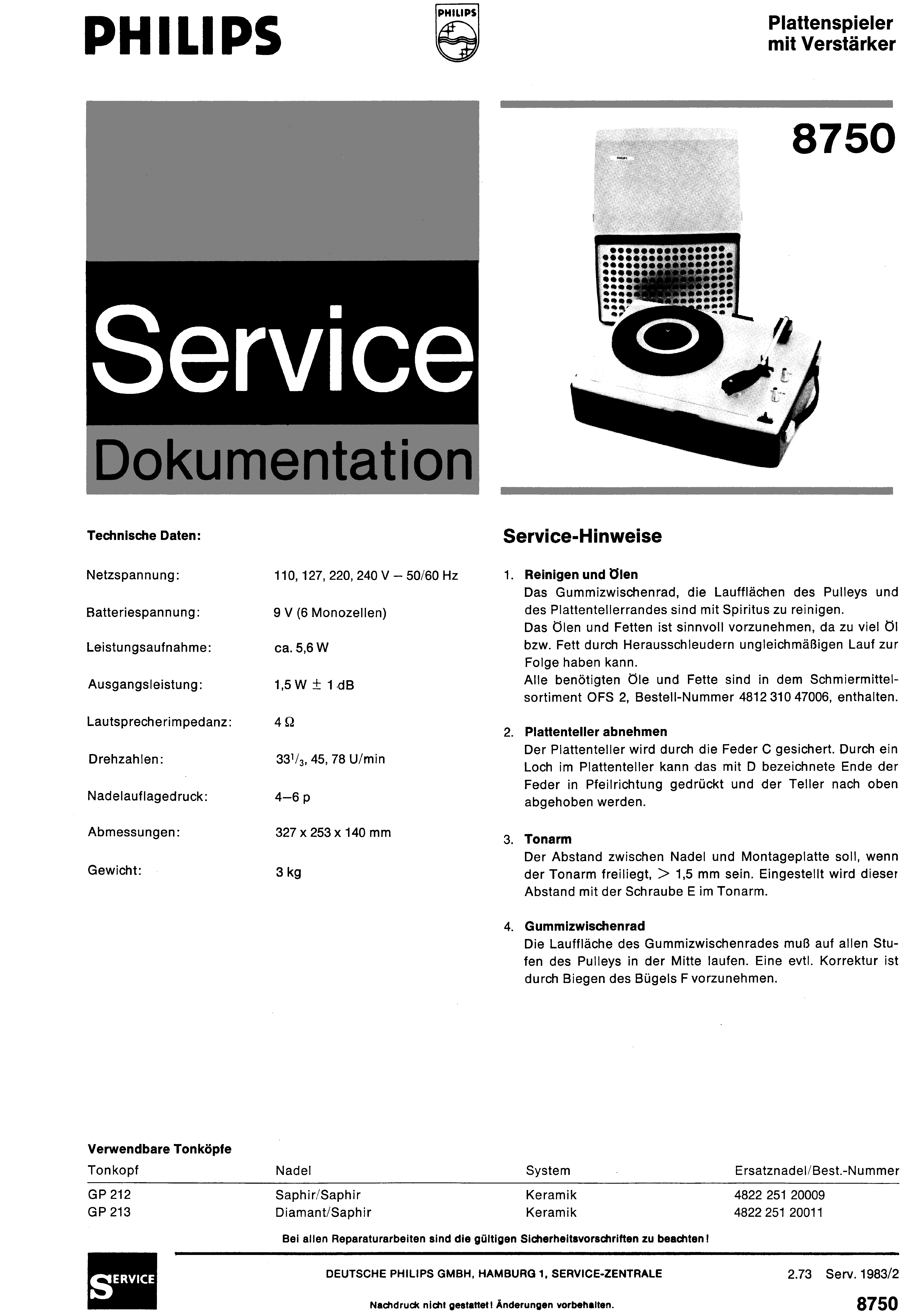 PHILIPS PLATTENSPIELER MIT VERSTAERKER 8750 SM service manual (1st page)