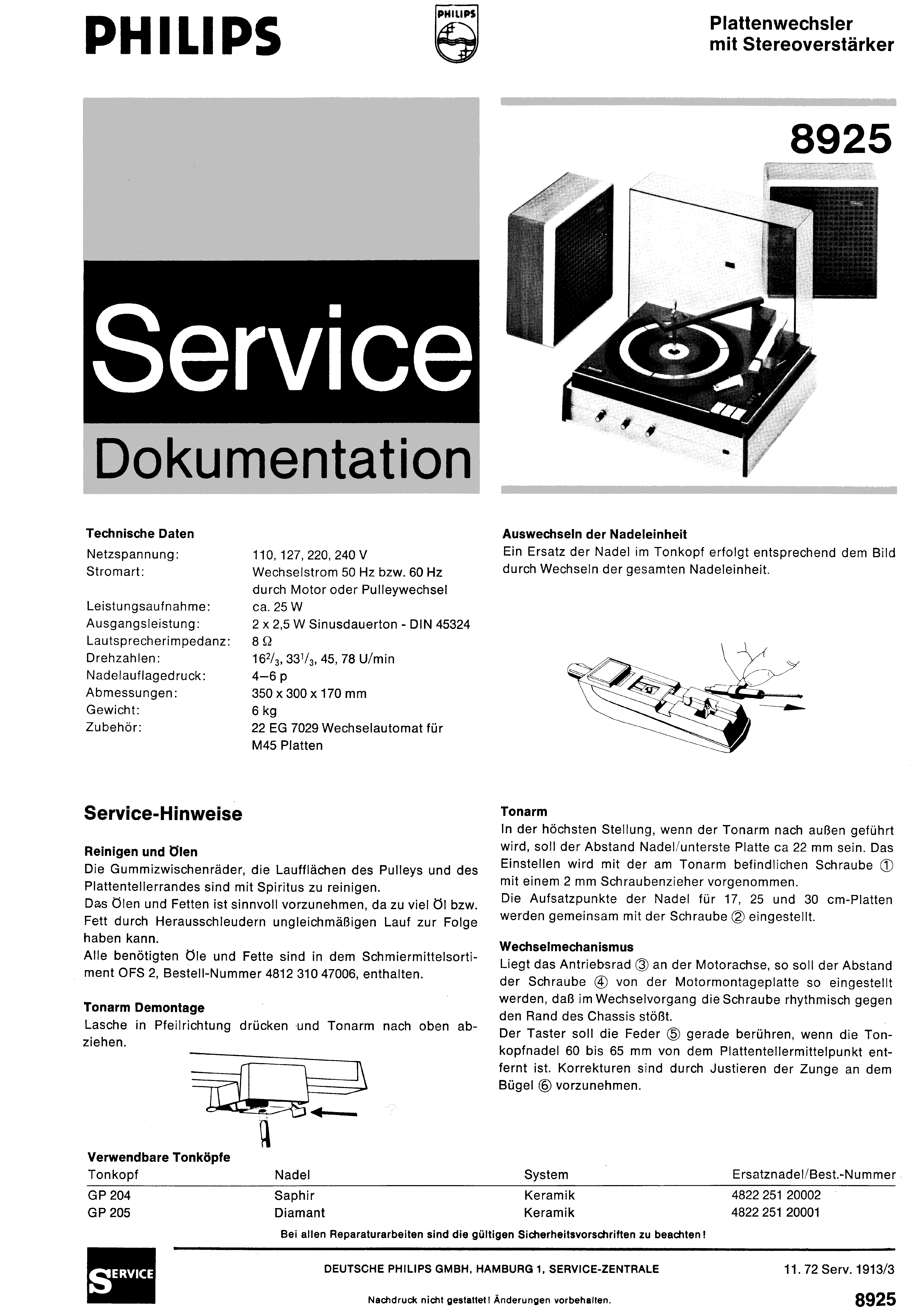 PHILIPS PLATTENWECHSLER MIT STEREOVERSTAERKER 8925 SM service manual (1st page)