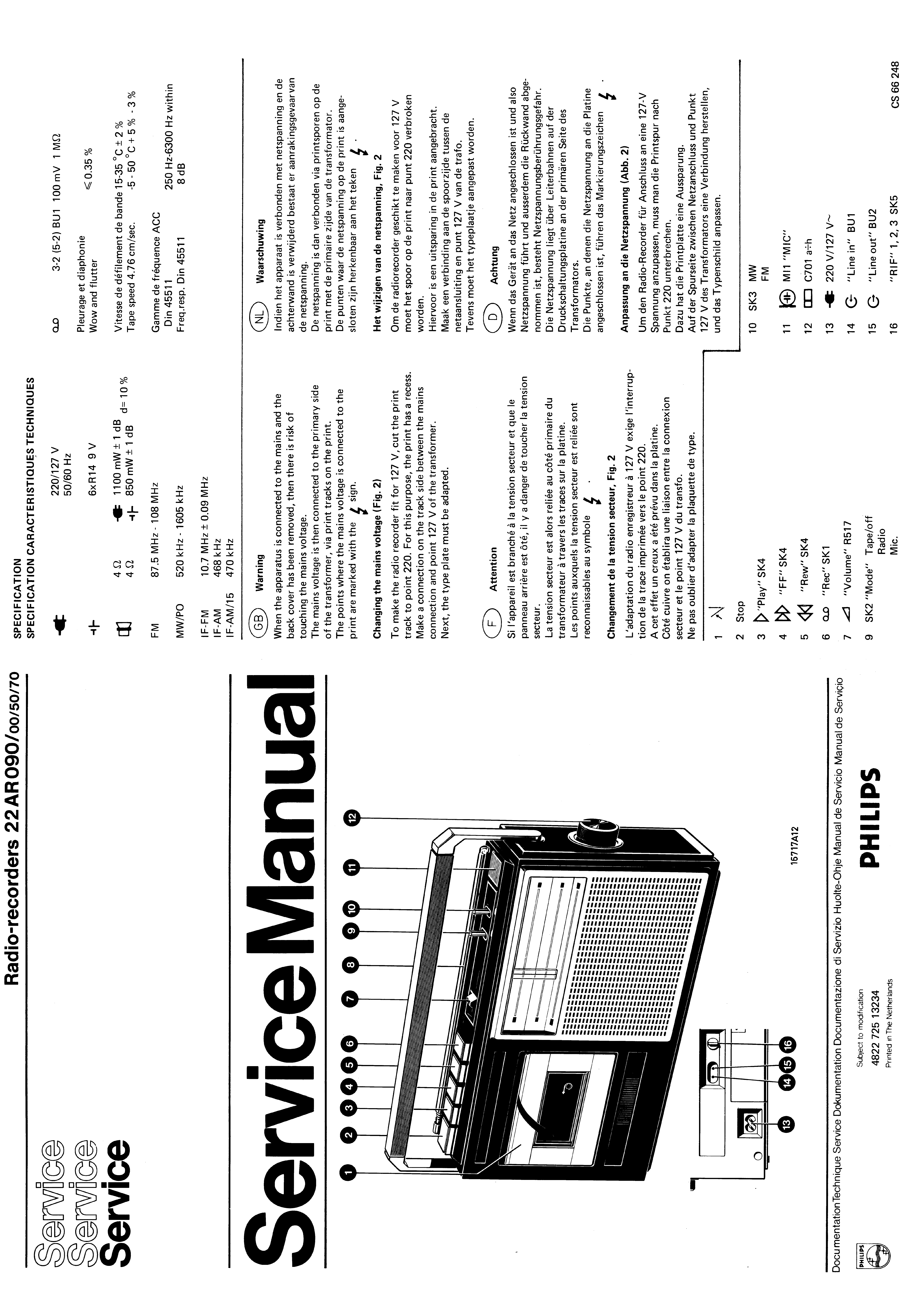 PHILIPS RADIO-RECORDERS 22AR090 SM service manual (1st page)