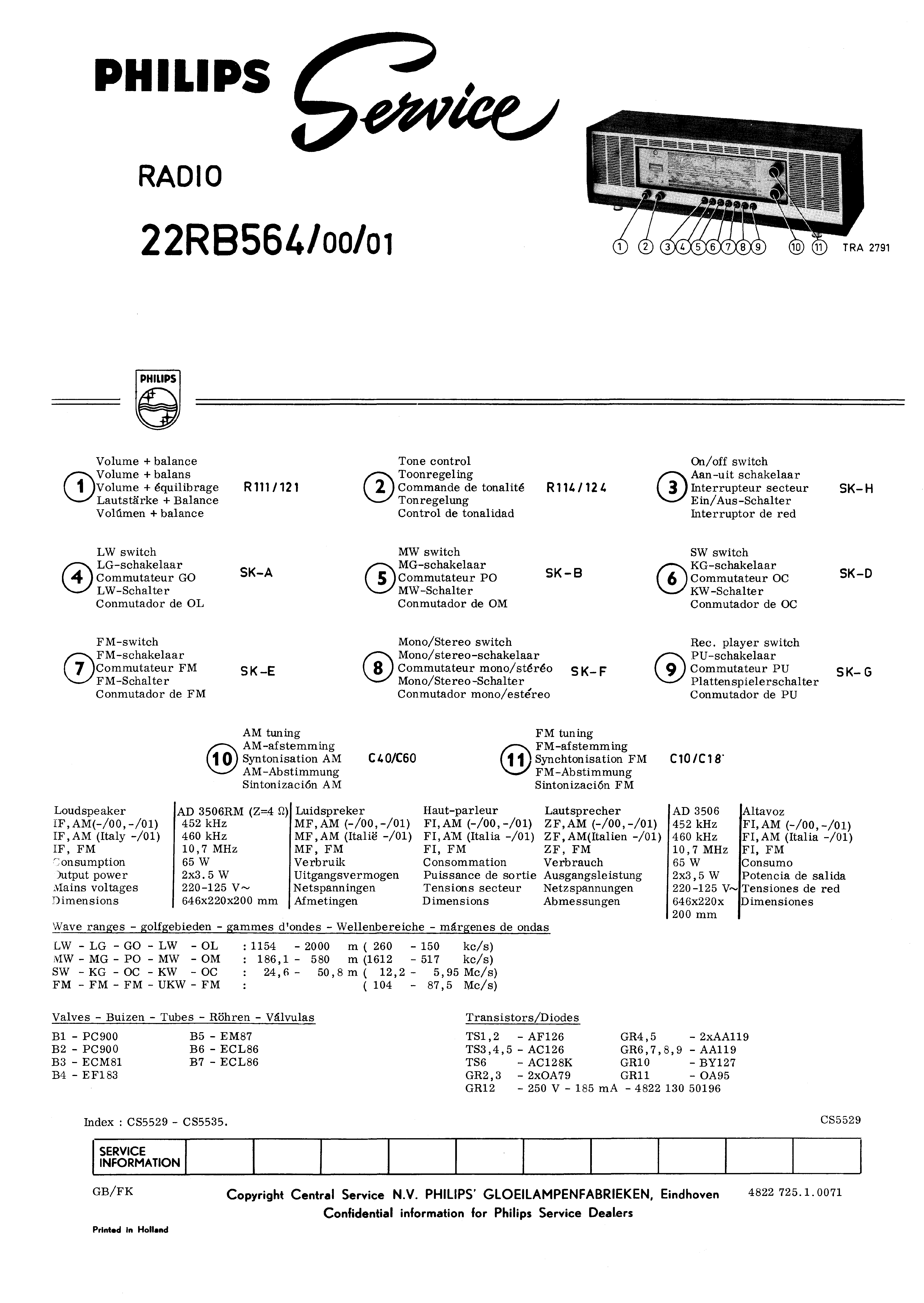 PHILIPS RADIO 22RB564 SM service manual (1st page)