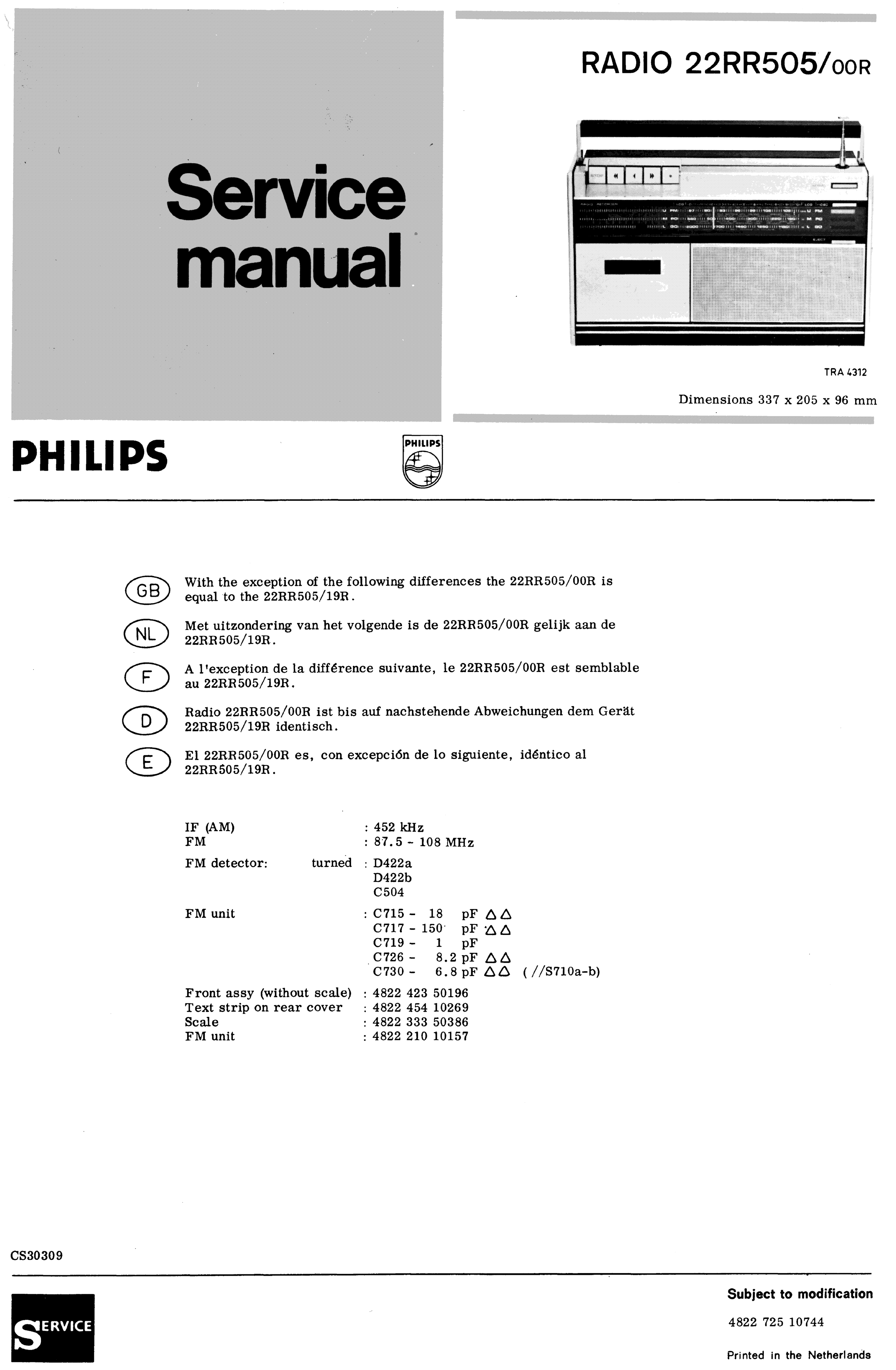 PHILIPS RADIO 22RR505 SM service manual (1st page)