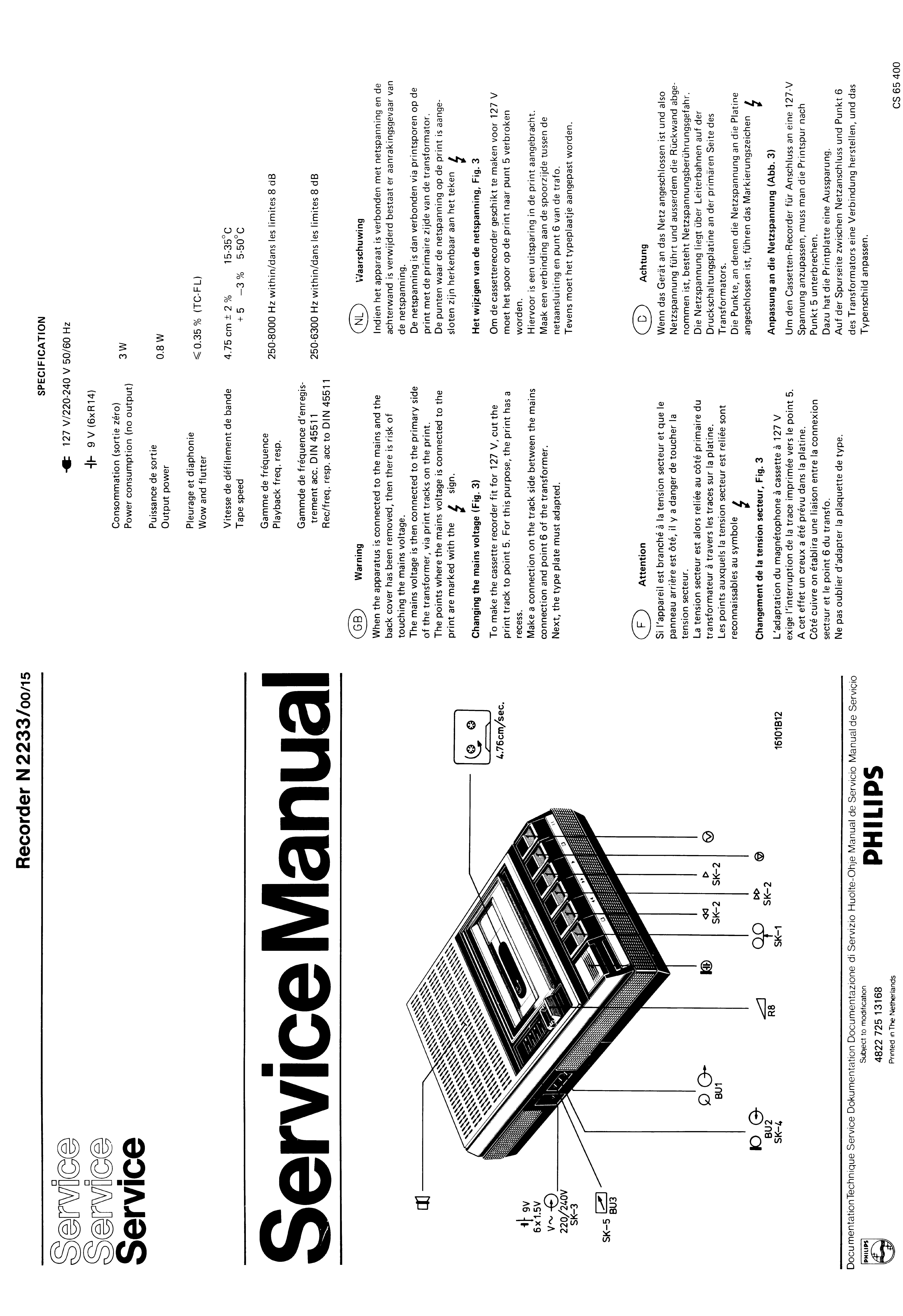 PHILIPS RECORDER N2233 SM service manual (1st page)