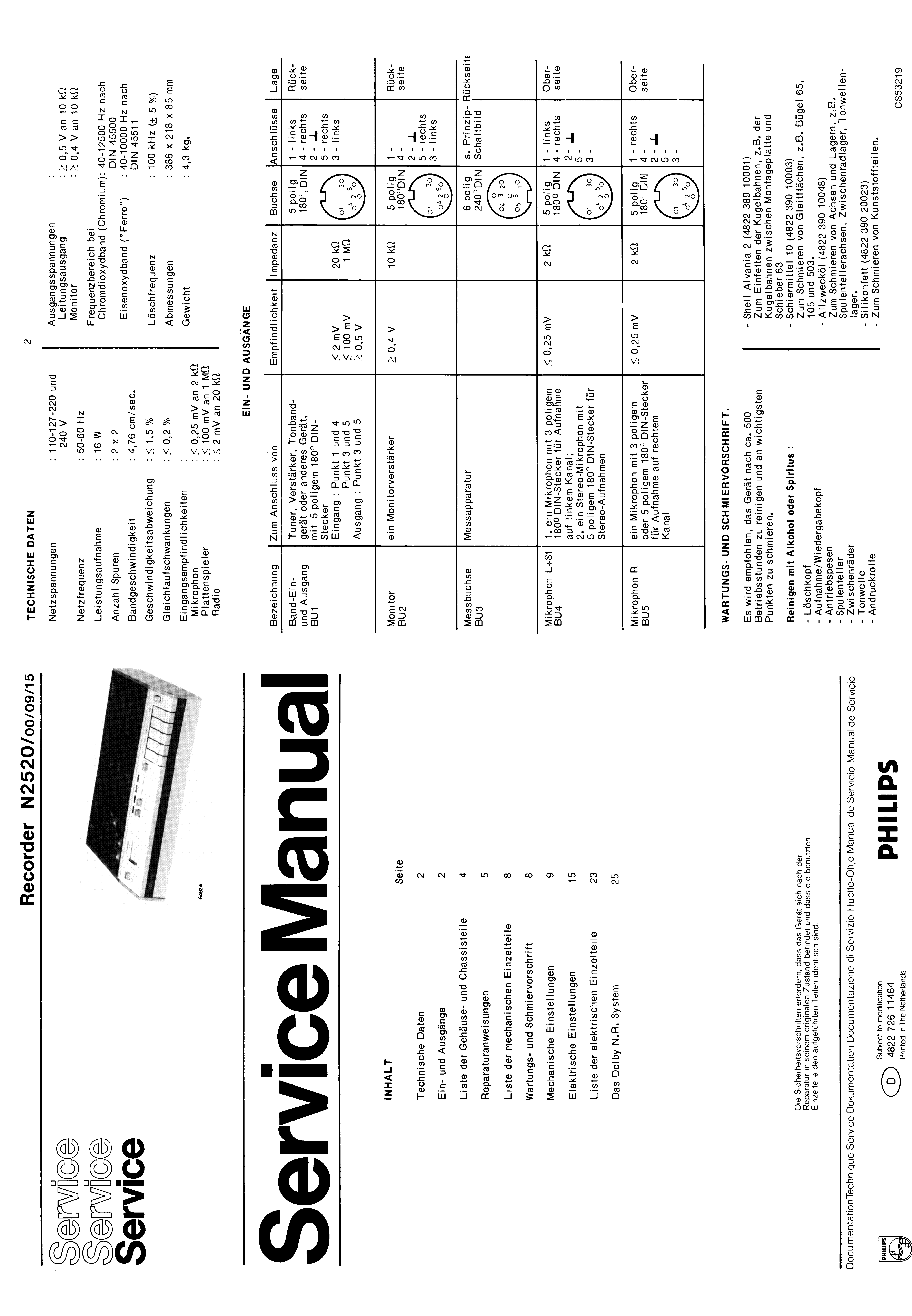 PHILIPS RECORDER N2520 SM service manual (1st page)