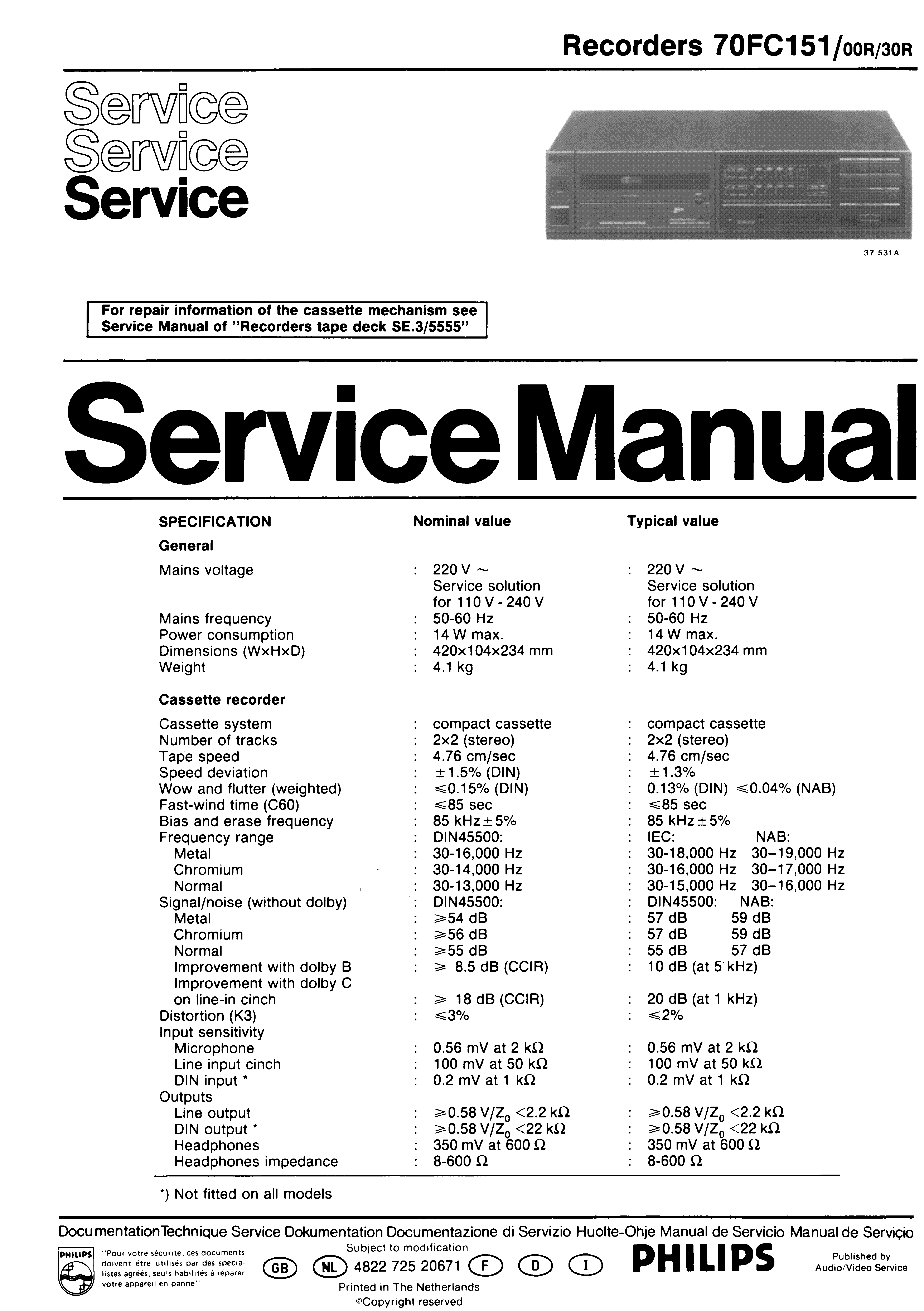 PHILIPS RECORDERS 70FC151 SM service manual (1st page)