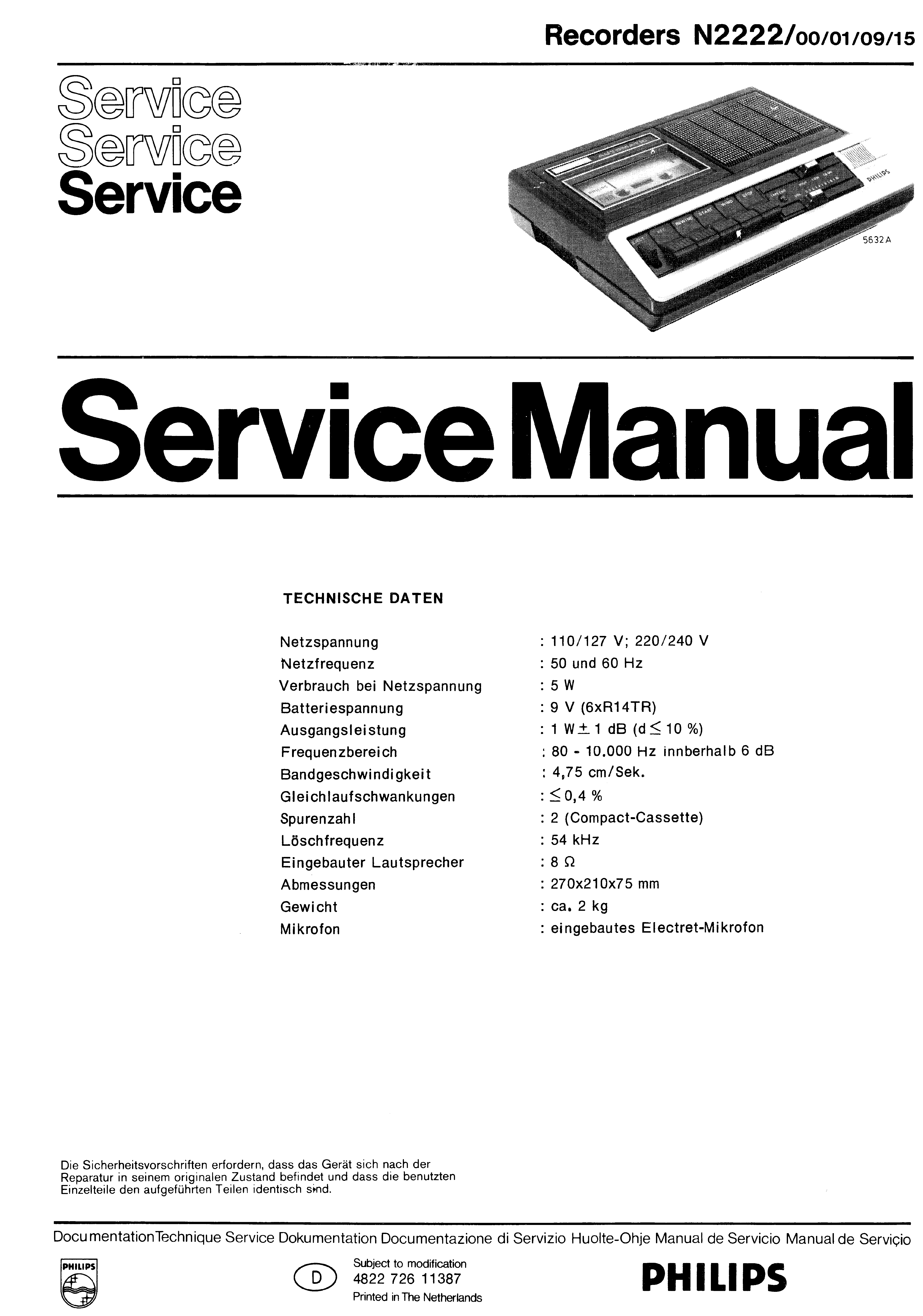 PHILIPS RECORDERS N2222 SM service manual (1st page)