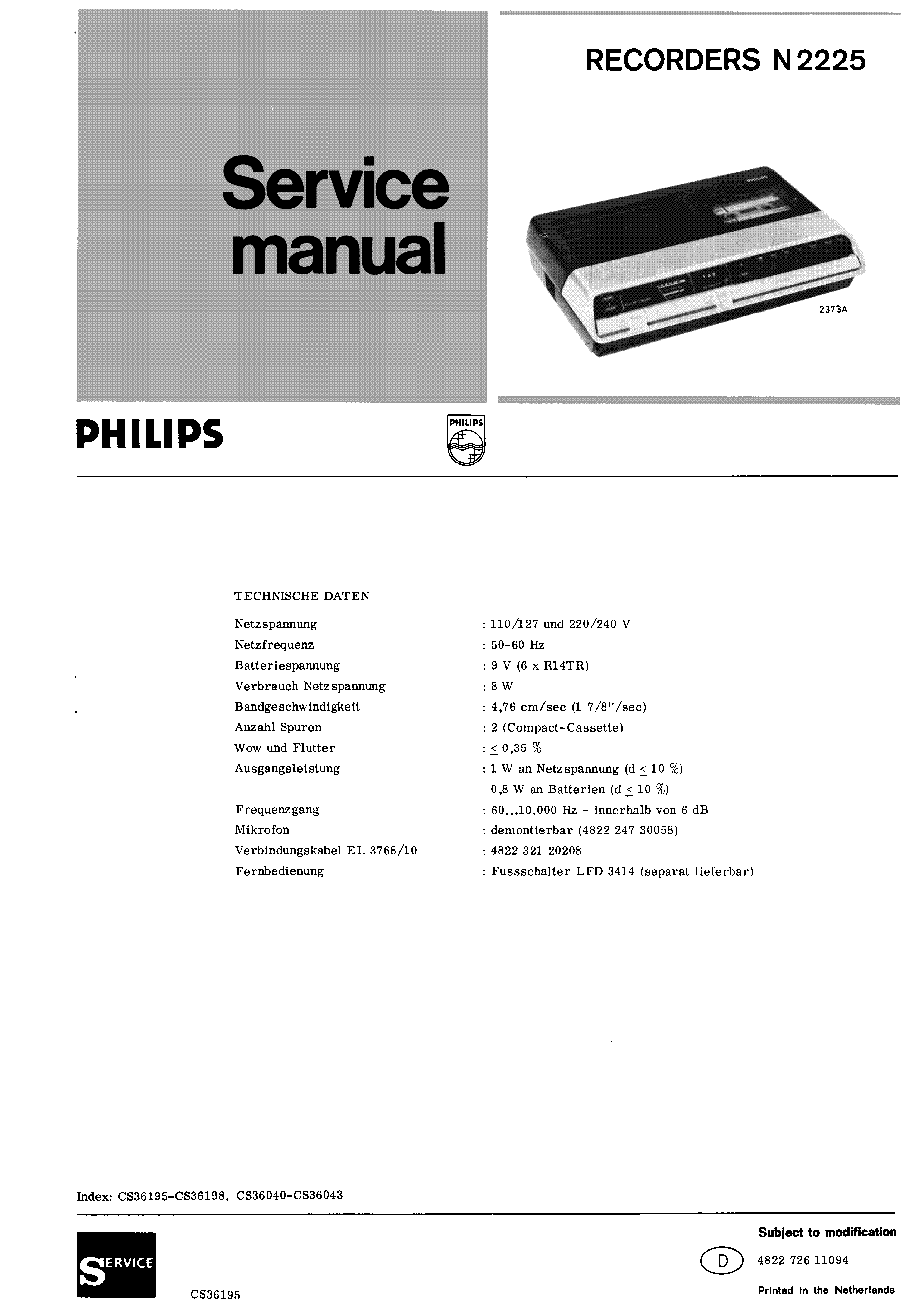 PHILIPS RECORDERS N2225 SM service manual (1st page)