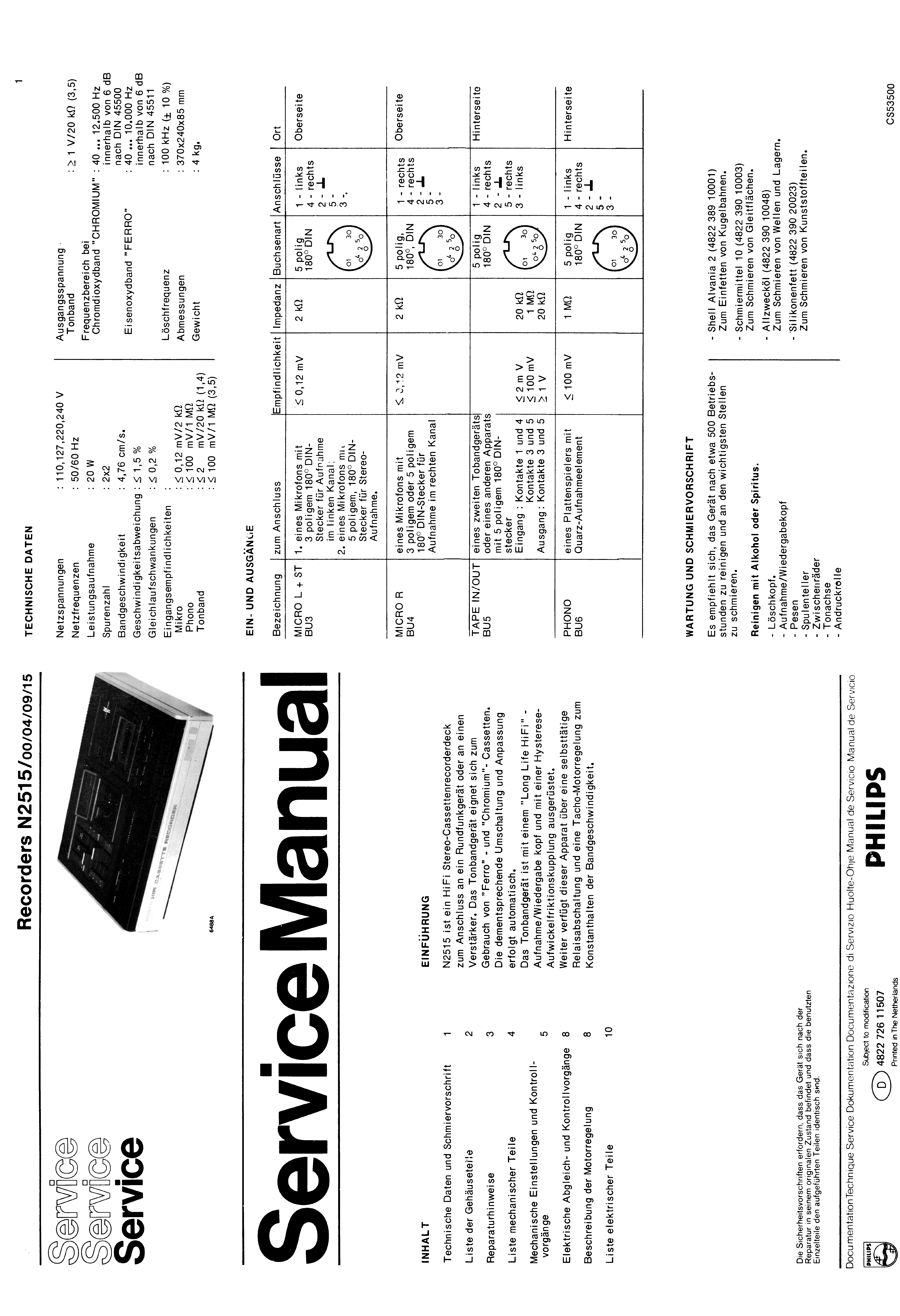 PHILIPS RECORDERS N2515 SM service manual (1st page)