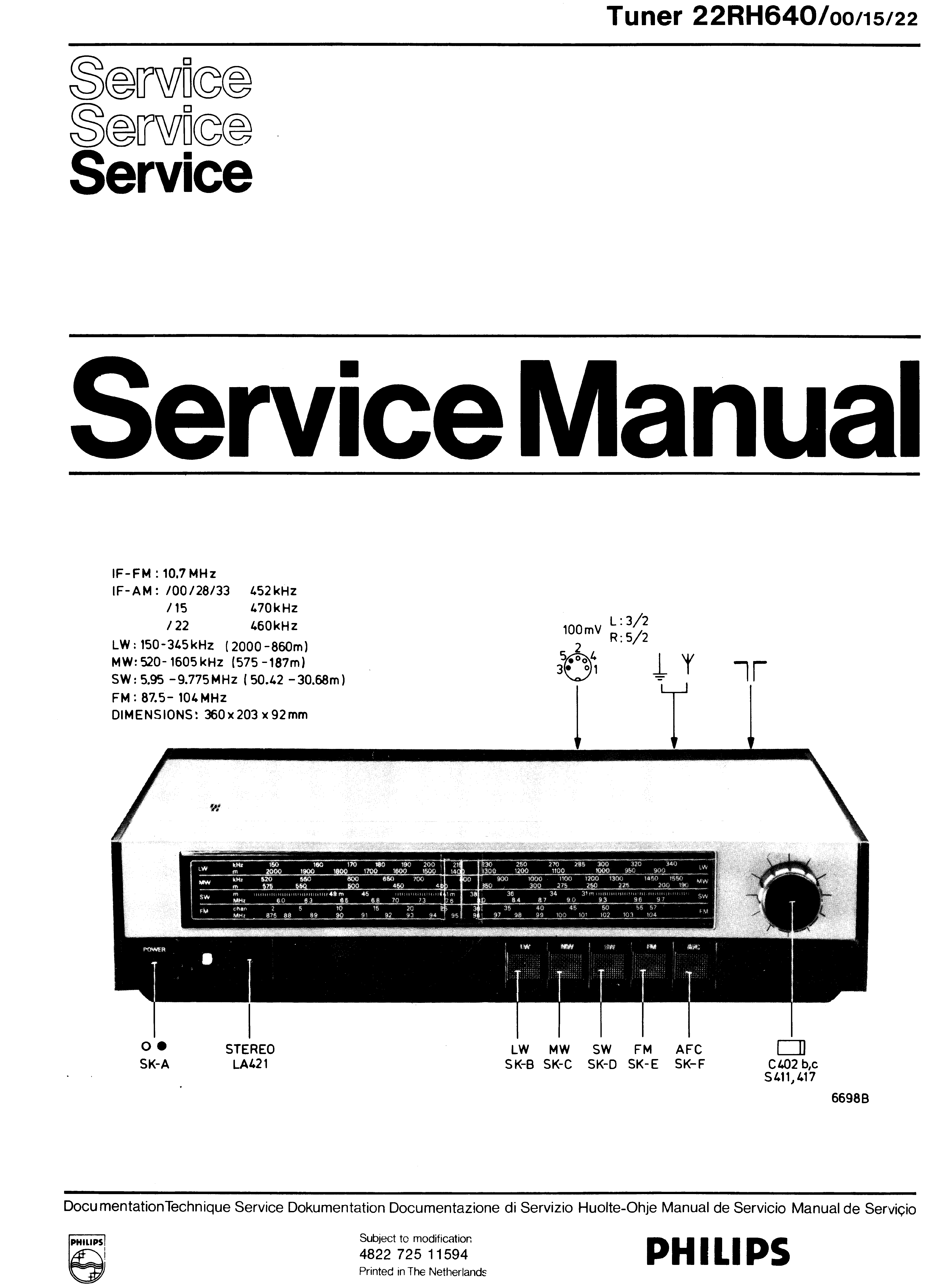 PHILIPS TUNER 22RH640 SM service manual (1st page)