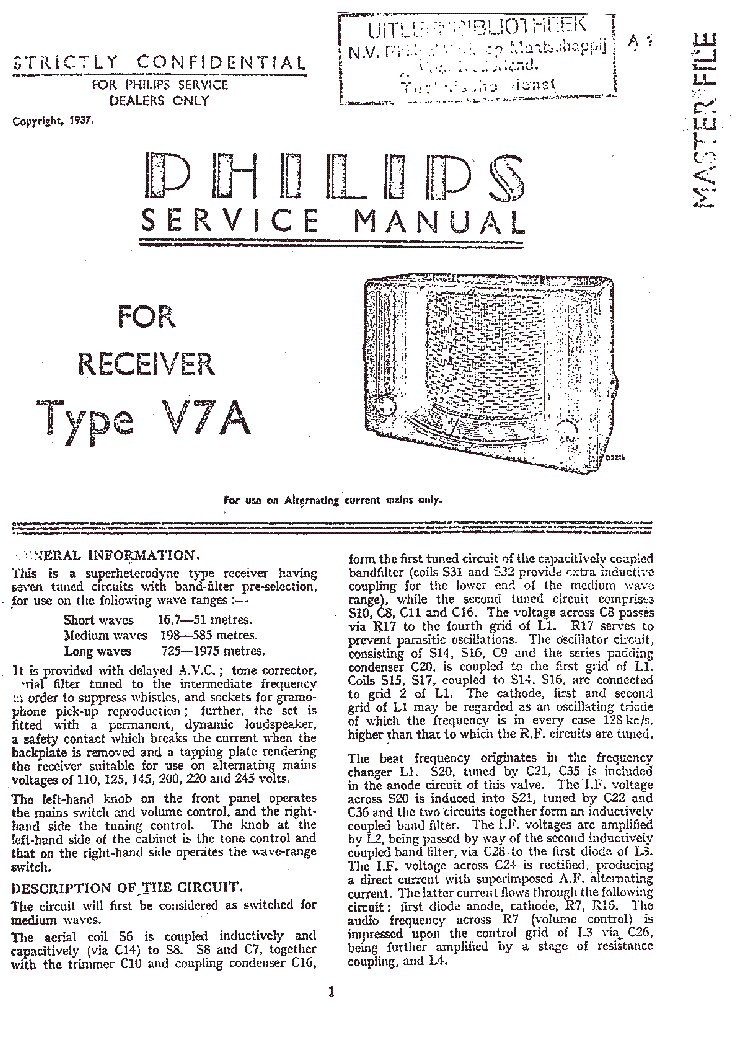 PHILIPS V7A RADIO 1937 SM service manual (1st page)
