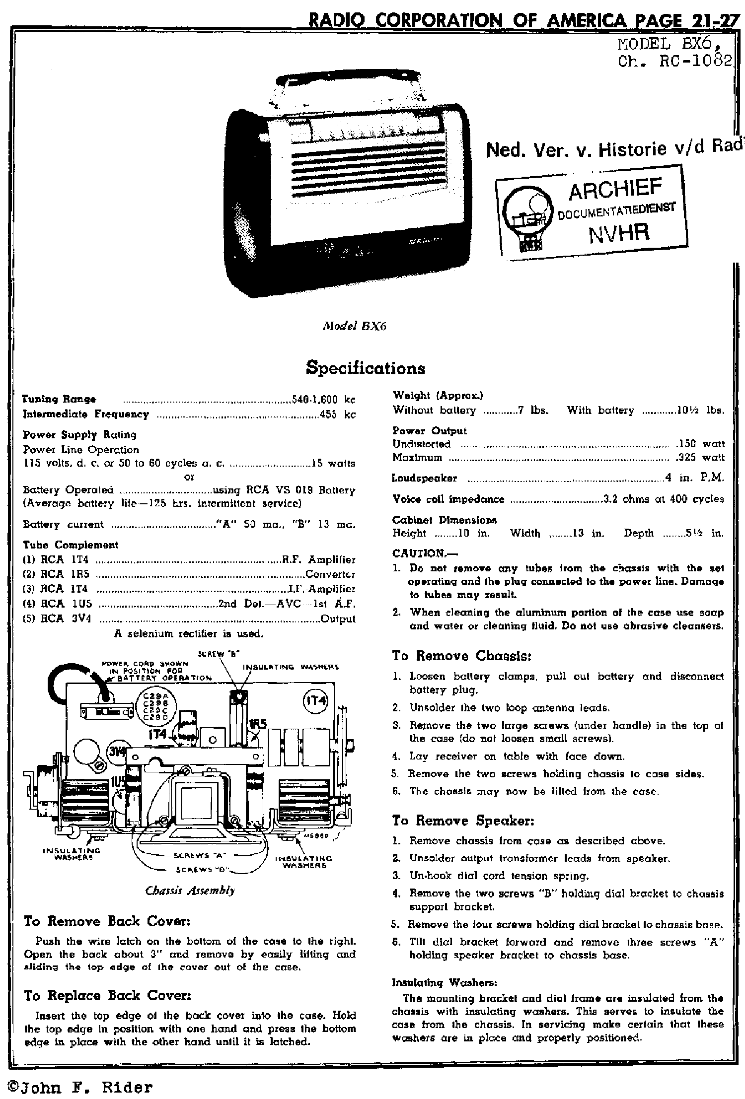RCA BX6 CHASSIS-RC-1082 BATTERY-PORTABLE RADIO-SM service manual