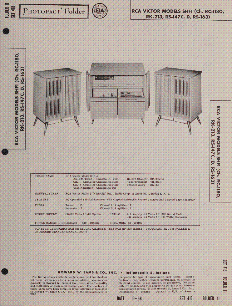 RCA VICTOR MODELS SHF1 CH. RC-1180 RK-213 RS-147C D RS-163 SM service manual (1st page)