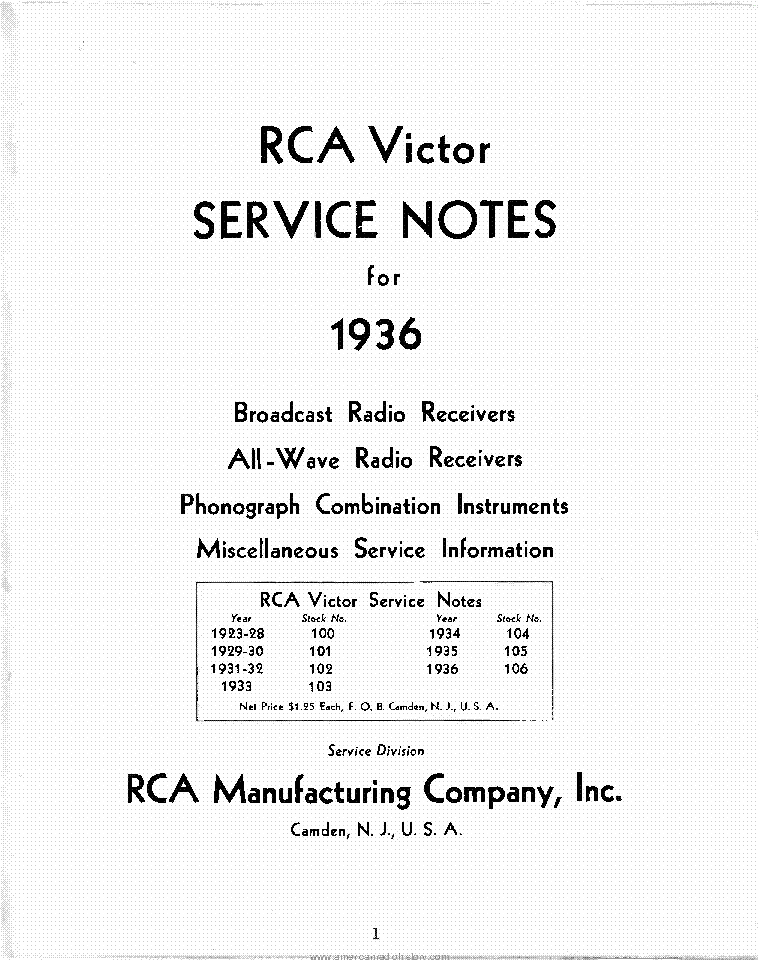 RCA VICTOR RADIO RECEIVERS AND PHONOGRAPHS SERVICE NOTES 1936 Service