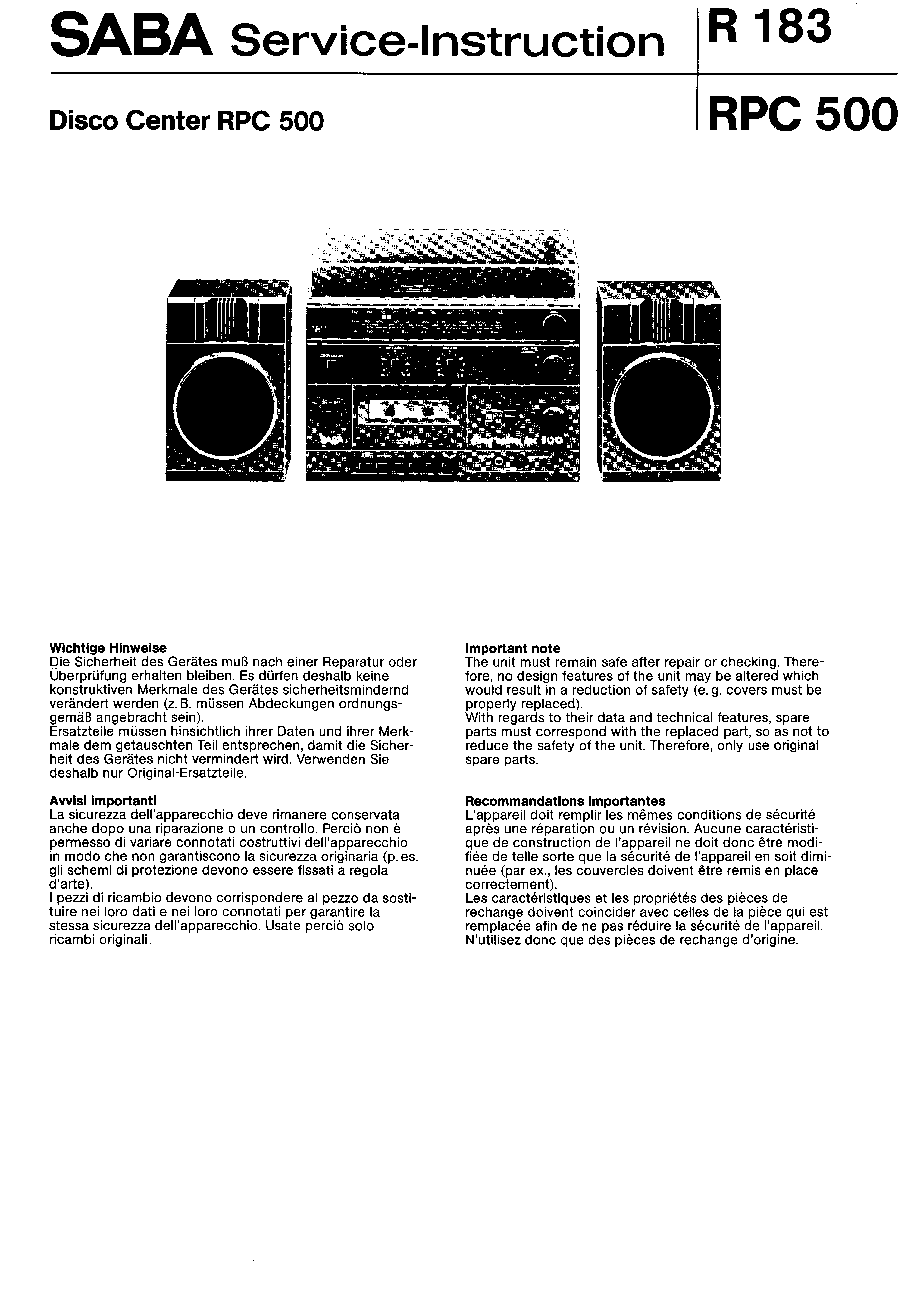 SABA DISCO CENTER RPC 500 SM service manual