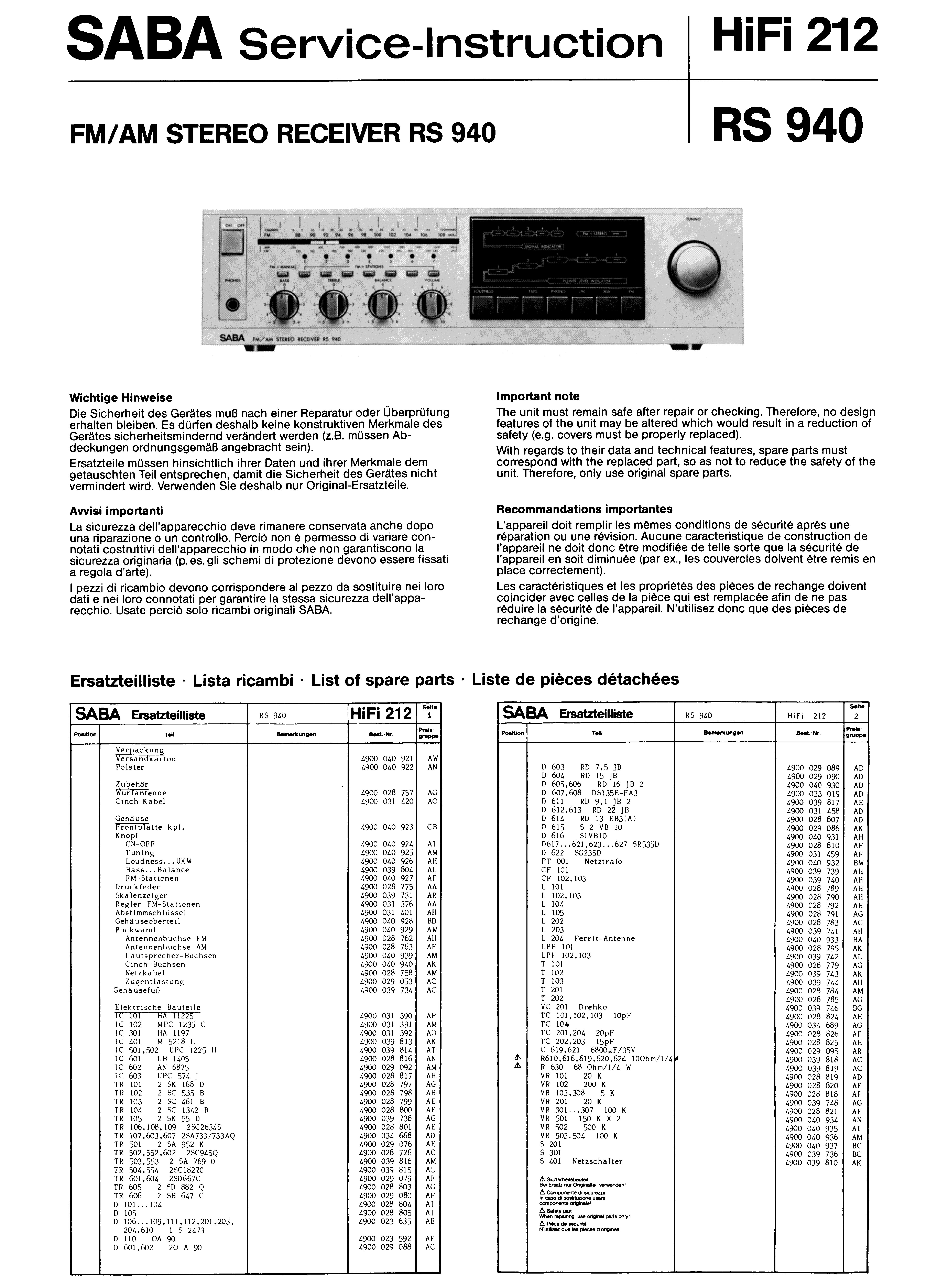 SABA FM-AM STEREO RECEIVER RS 940 SM service manual