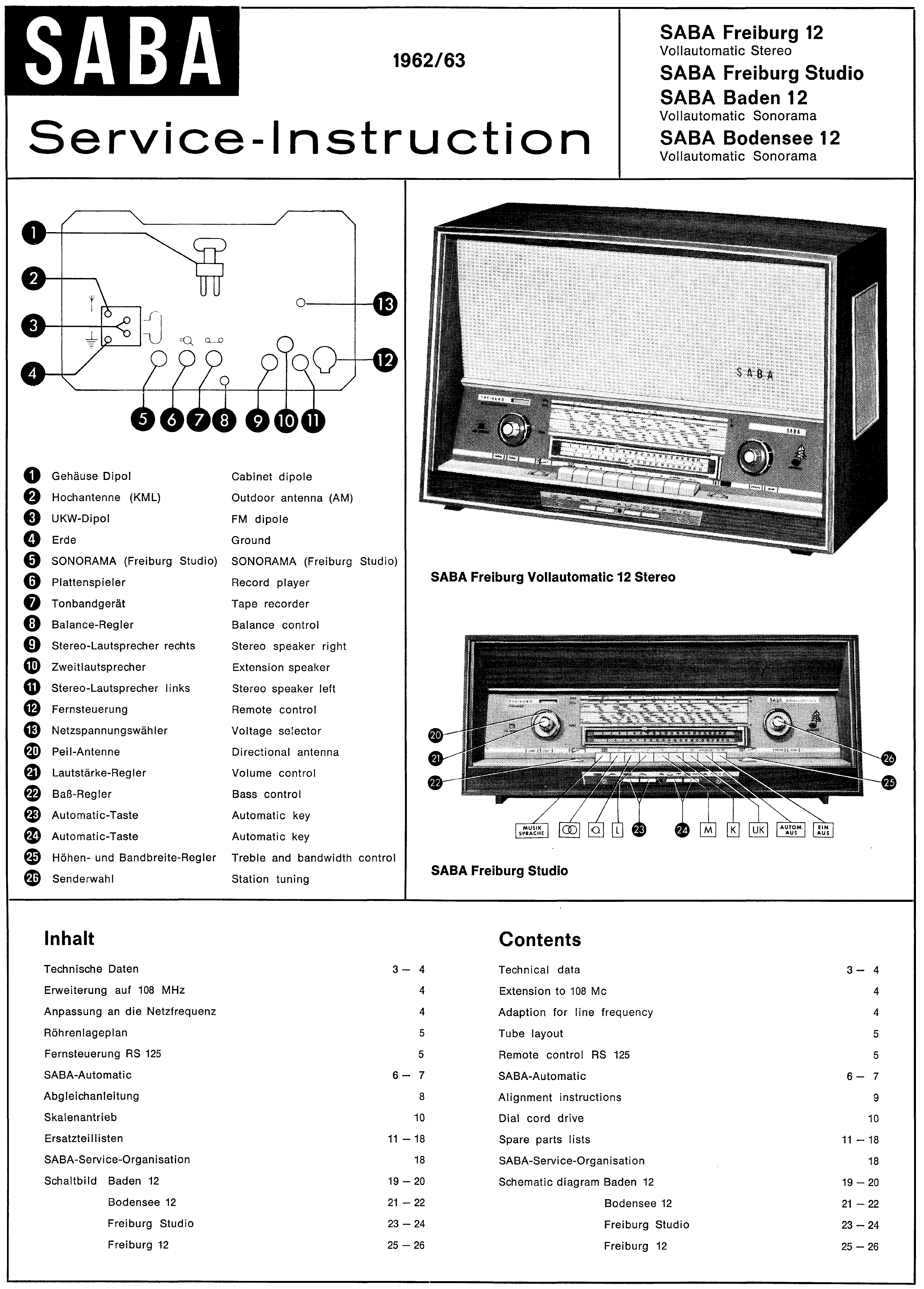 SABA FREIBURG 12 FREIBURG STUDIO BADEN 12 BODEENSEE 12 SM service manual