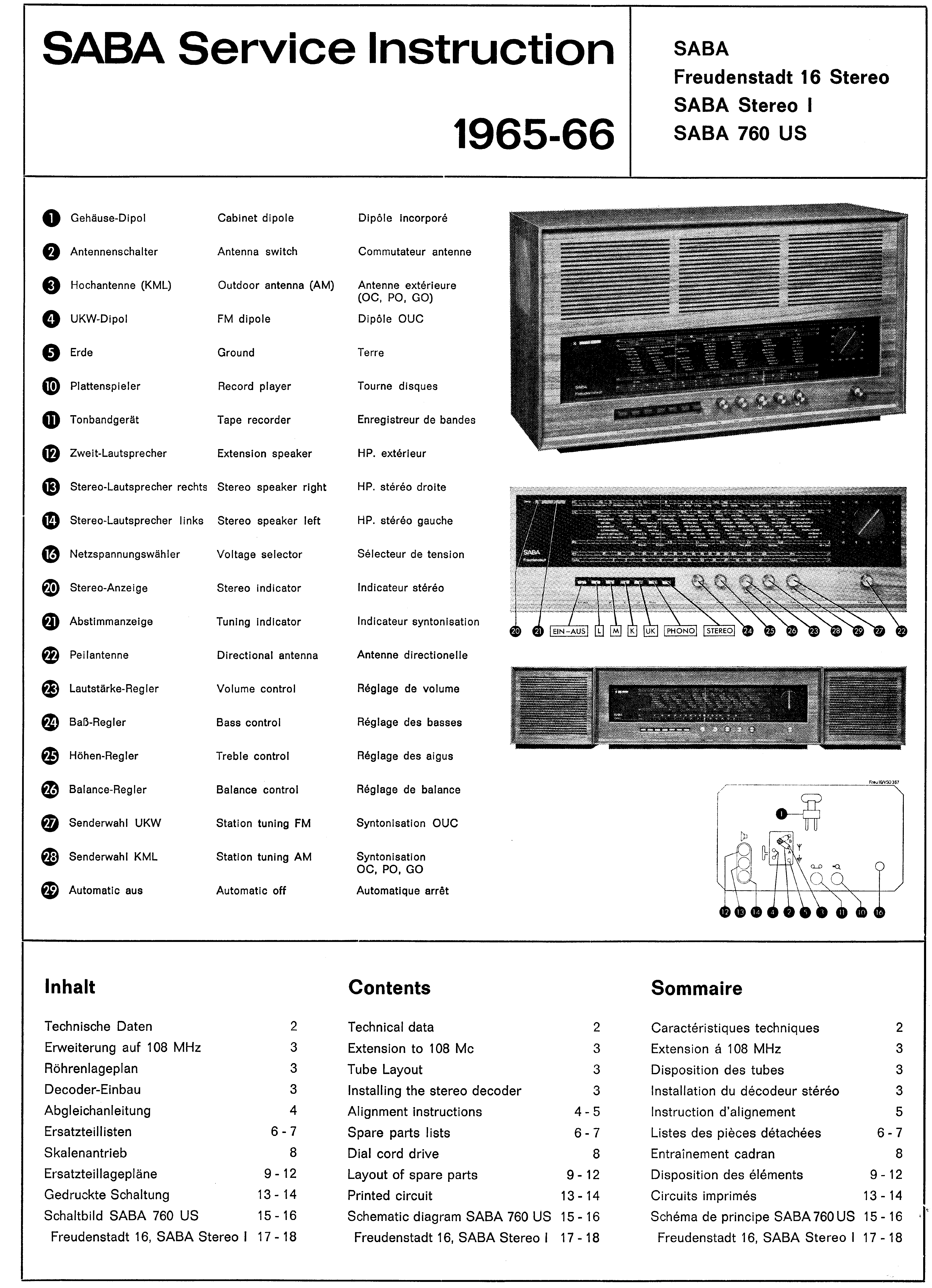 SABA FREUDENSTADT 16 STEREO SABA STEREO I SABA 760 US SM service manual