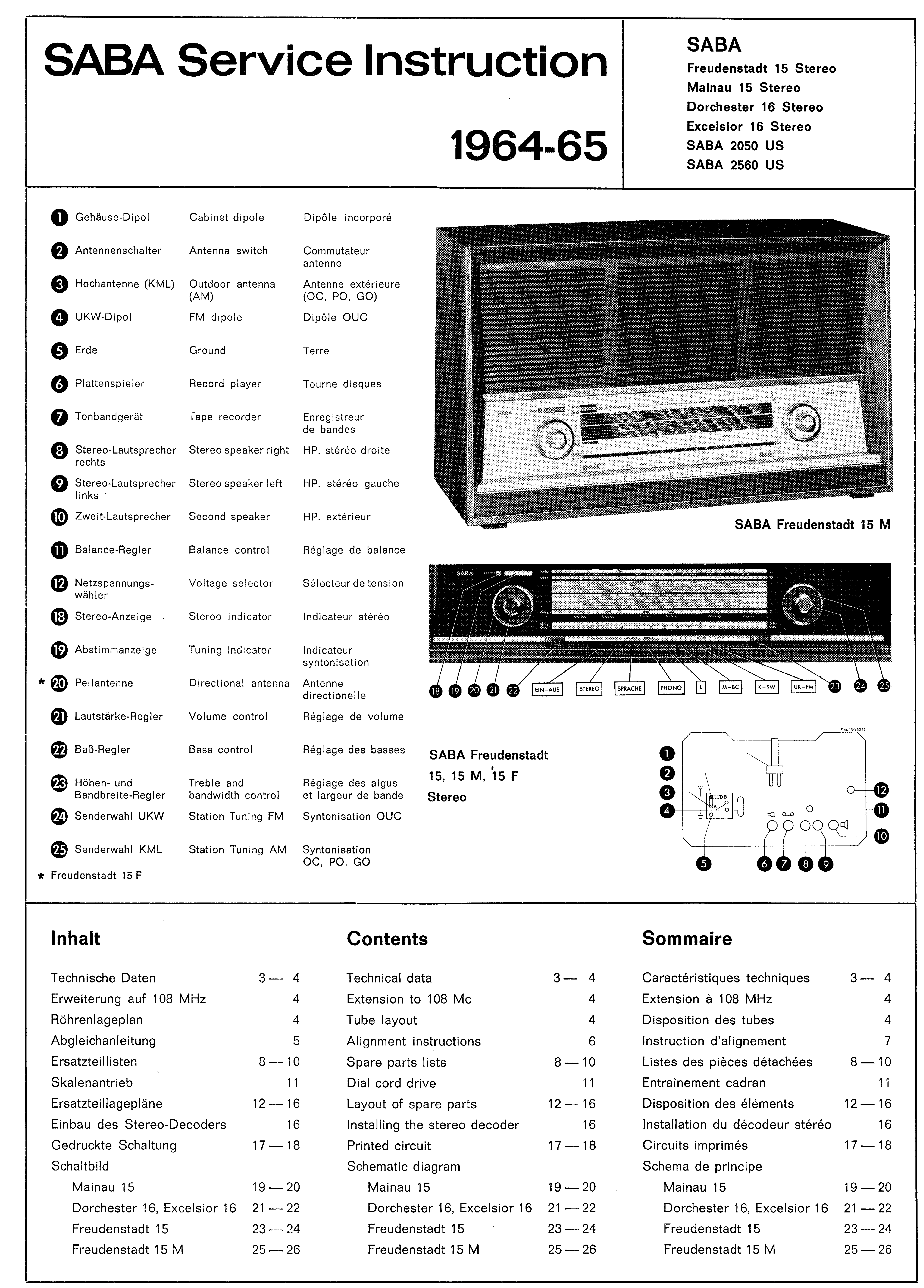 SABA FREUDENSTADT MAINAU 15 STEREO DORCHESTER EXCELSIOR 16 STEREO SABA 2050 US 2560 US SM service manual