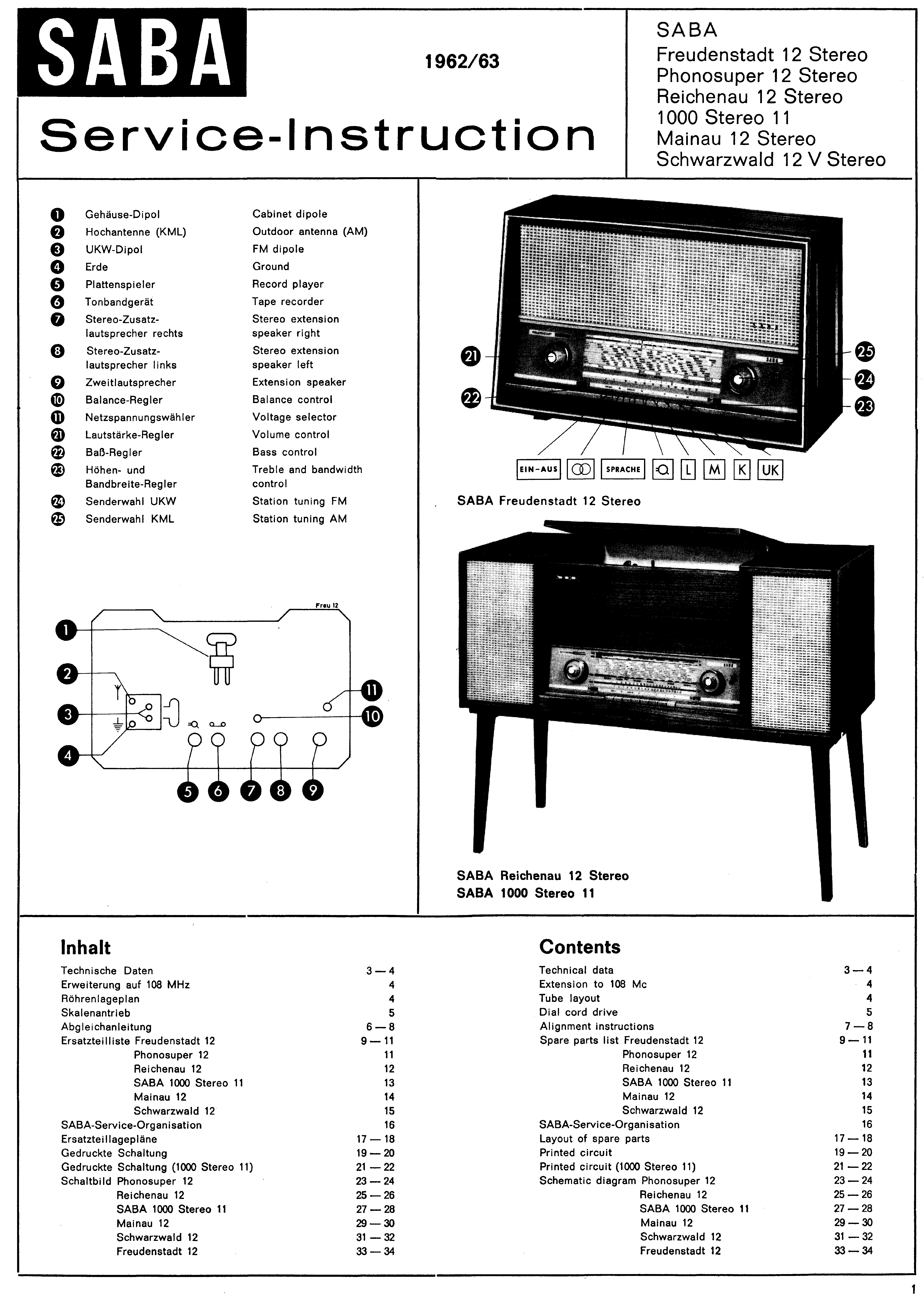 SABA FREUDENSTADT PHONOSUPER REICHENAU MAINAU SCHWARZWALD 12 STEREO 1000 STEREO 11 SM service manual