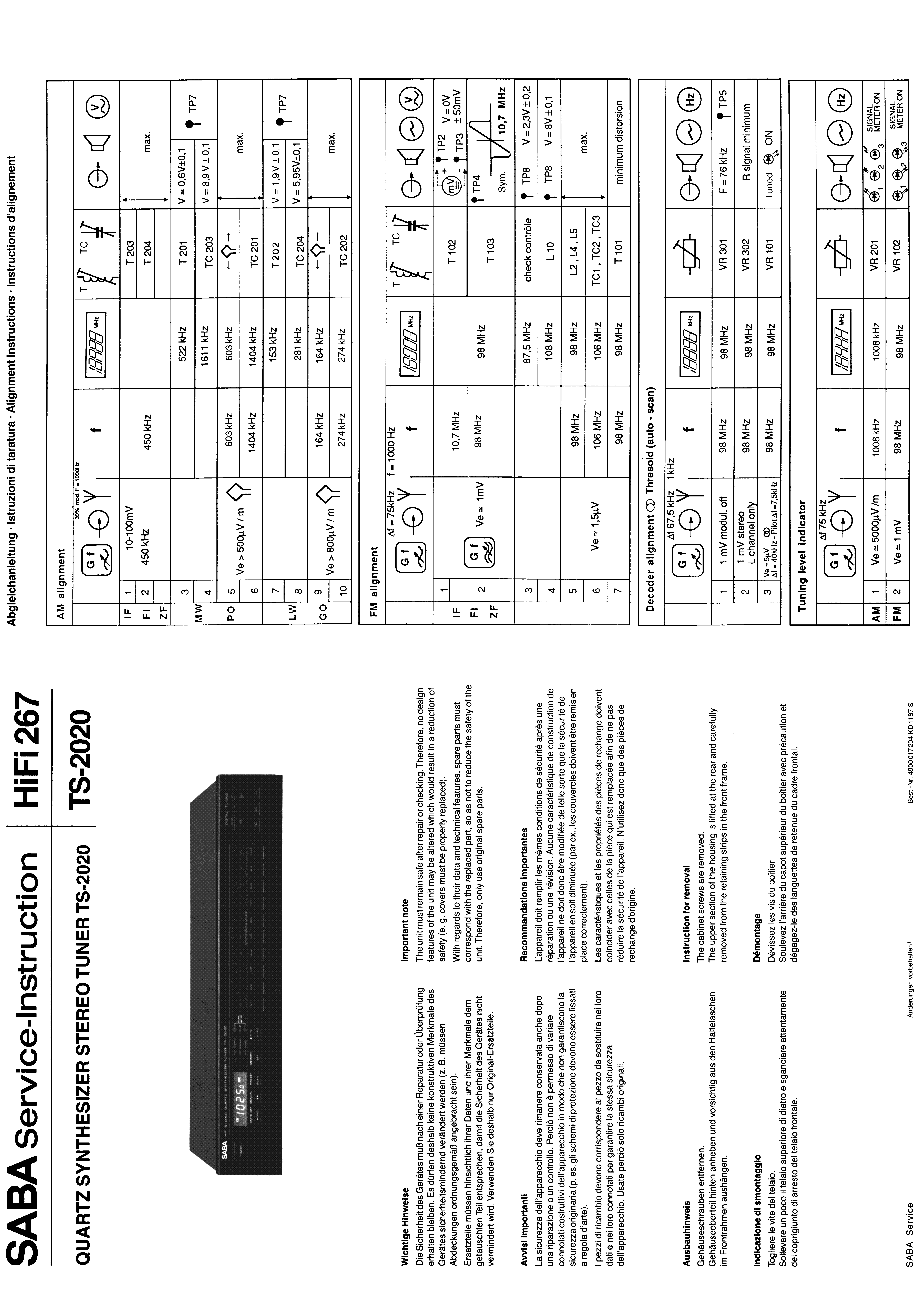 SABA QUARTZ SYNTHESIZER STEREO TUNER TS-2020 SM service manual (1st page)