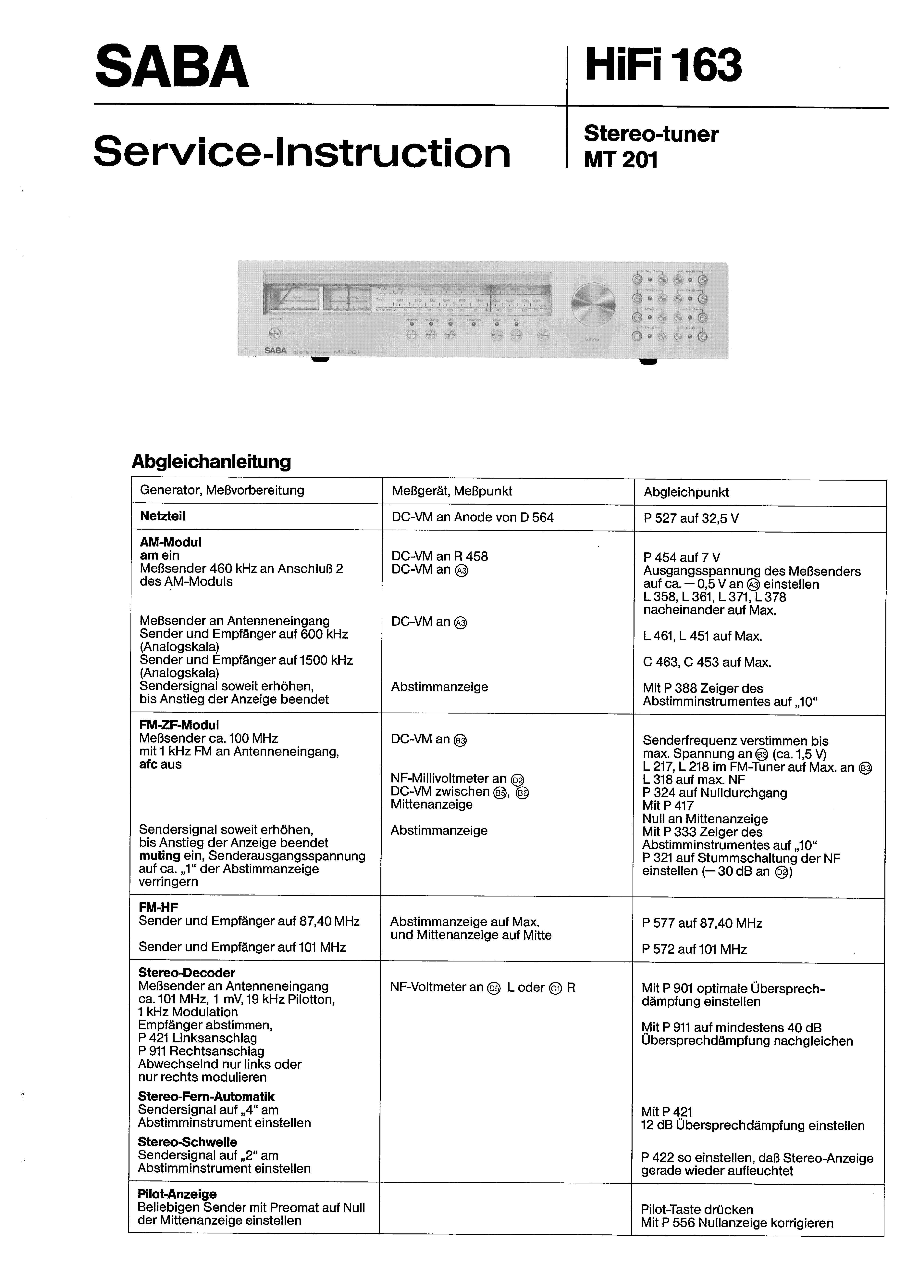 SABA STEREO-TUNER MT 201 SM service manual (1st page)