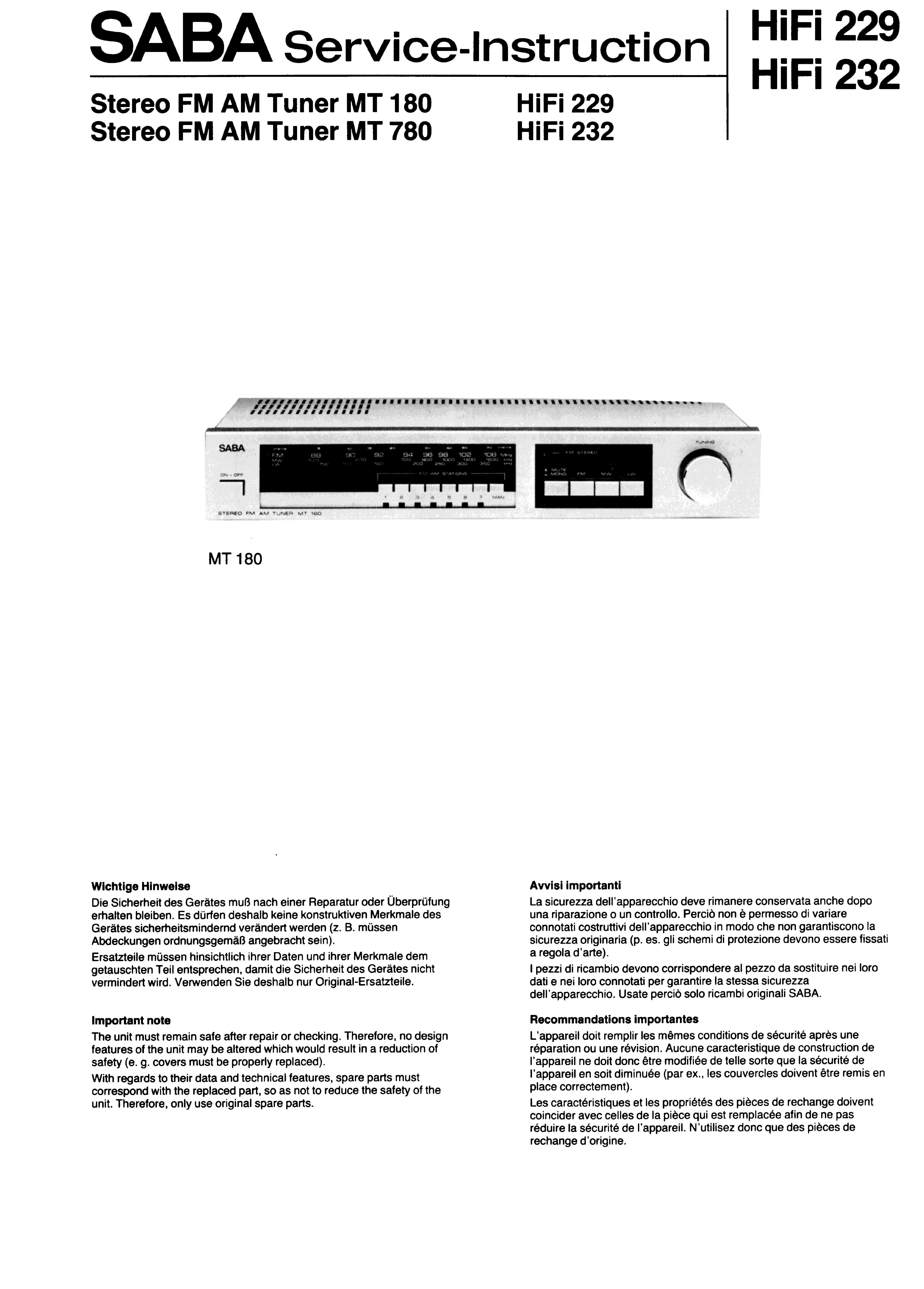 SABA STEREO FM AM TUNER MT 180 780 SM service manual