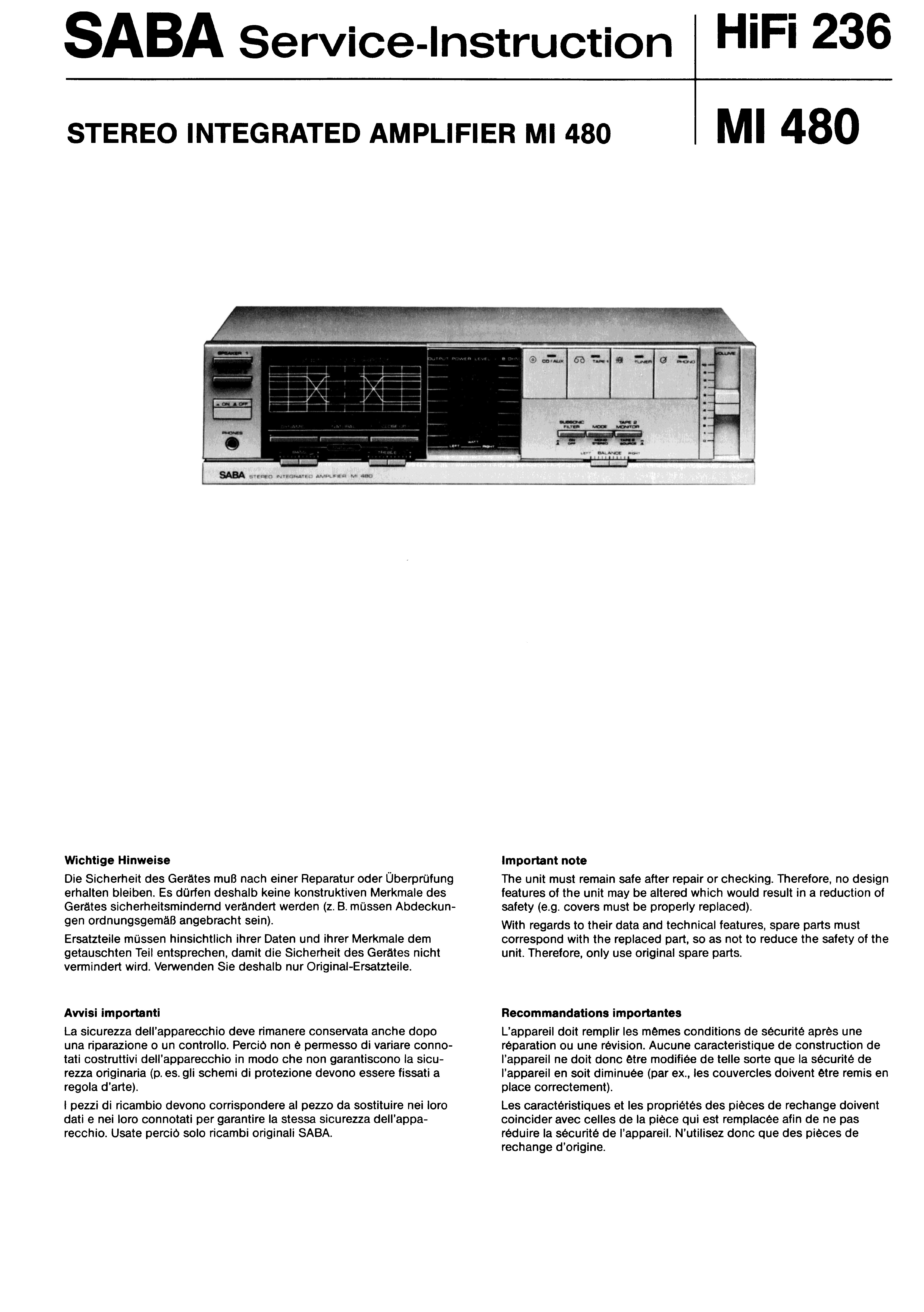 SABA STEREO INTEGRATED AMPLIFIER MI 480 SM service manual