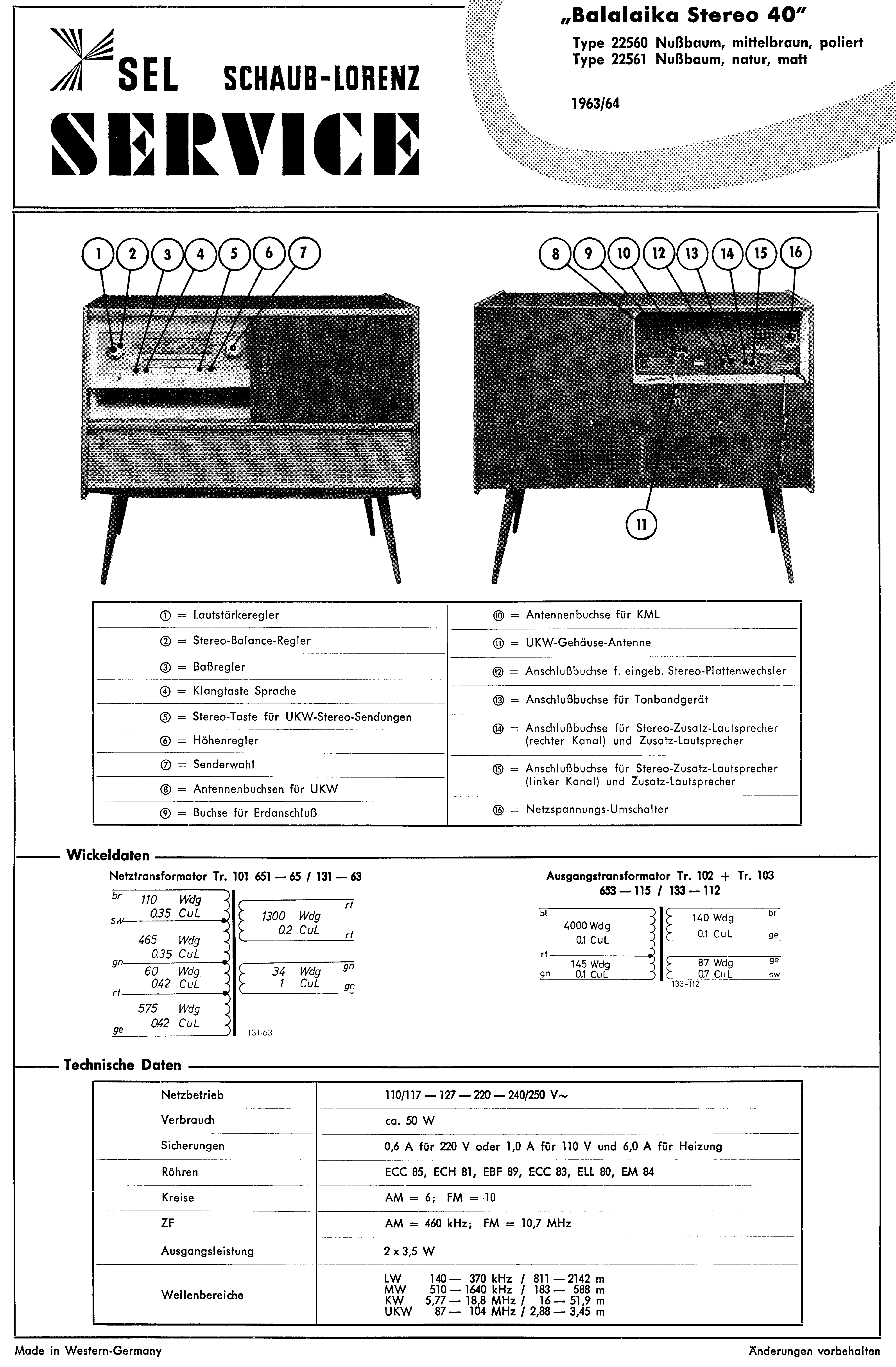 SCHAUB-LORENZ BALALAIKA STEREO 40 SM service manual