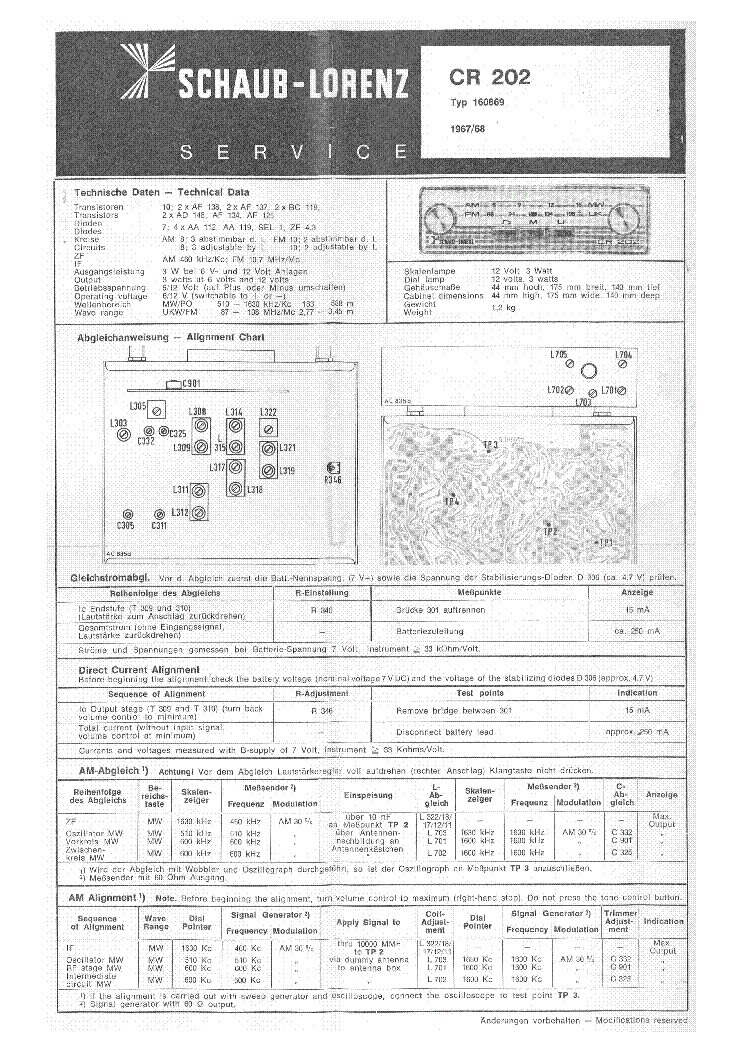 SCHAUB-LORENZ CR-101 CR-202 AM-FM CAR RADIO 1967 SM service manual