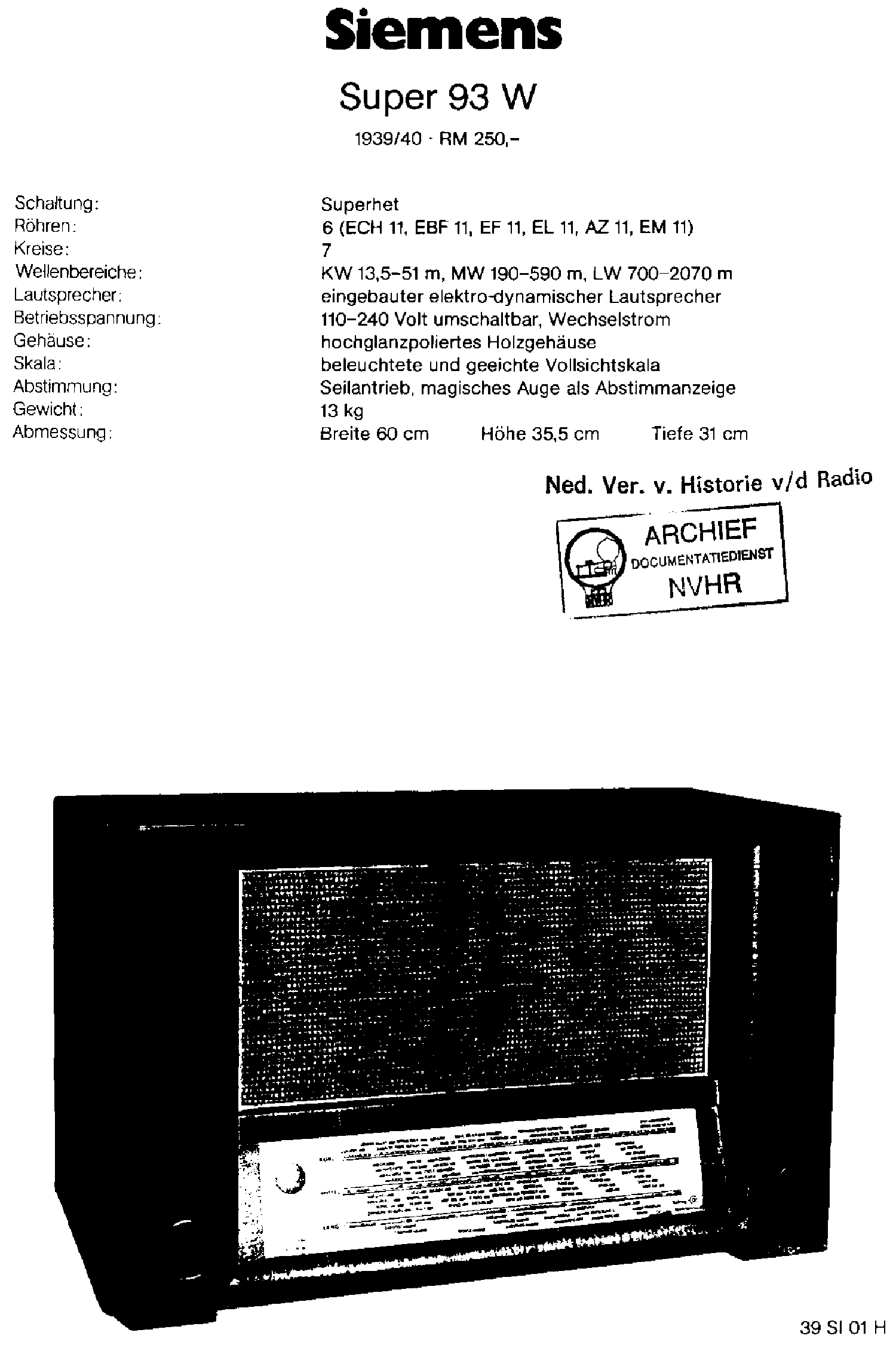 SIEMENS 93W AC SUPER RECEIVER 1939 SM service manual