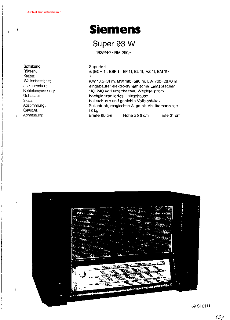 SIEMENS 93W SUPER RADIO 1939 SM service manual