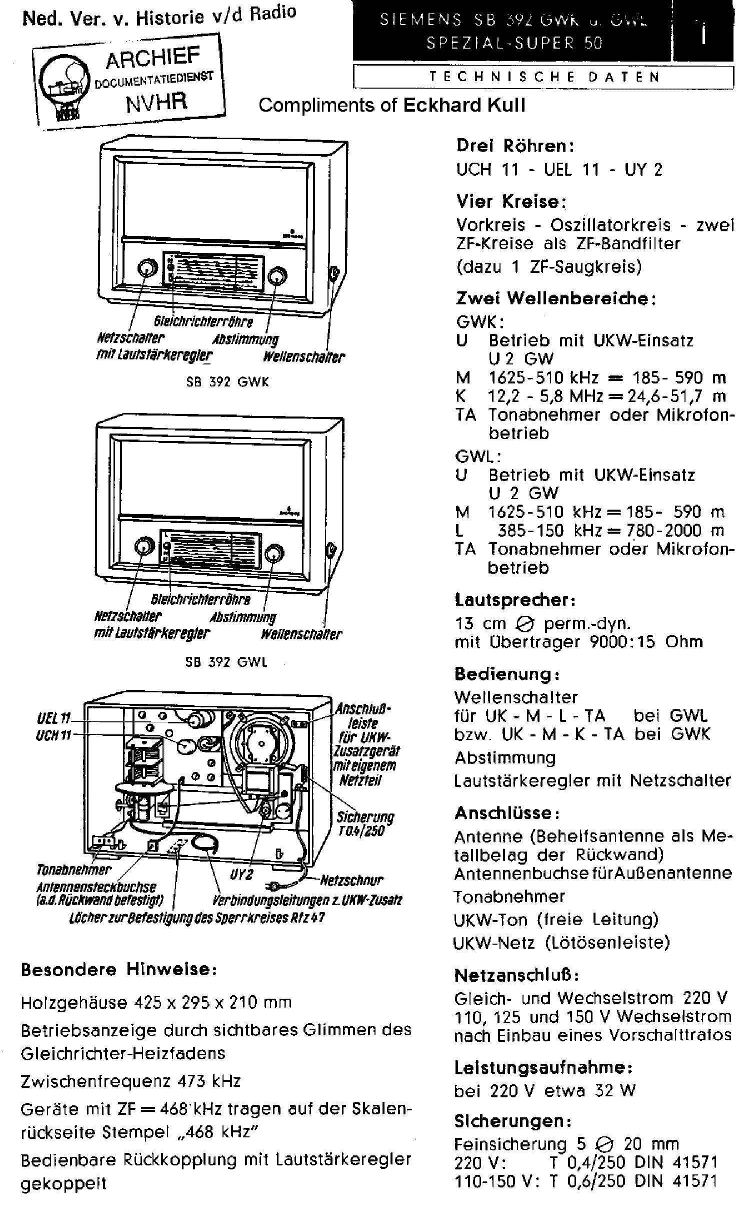 SIEMENS SB392-GWK-GWL SPEZIALSUPER-50 AC-DC RECEIVER SM service manual