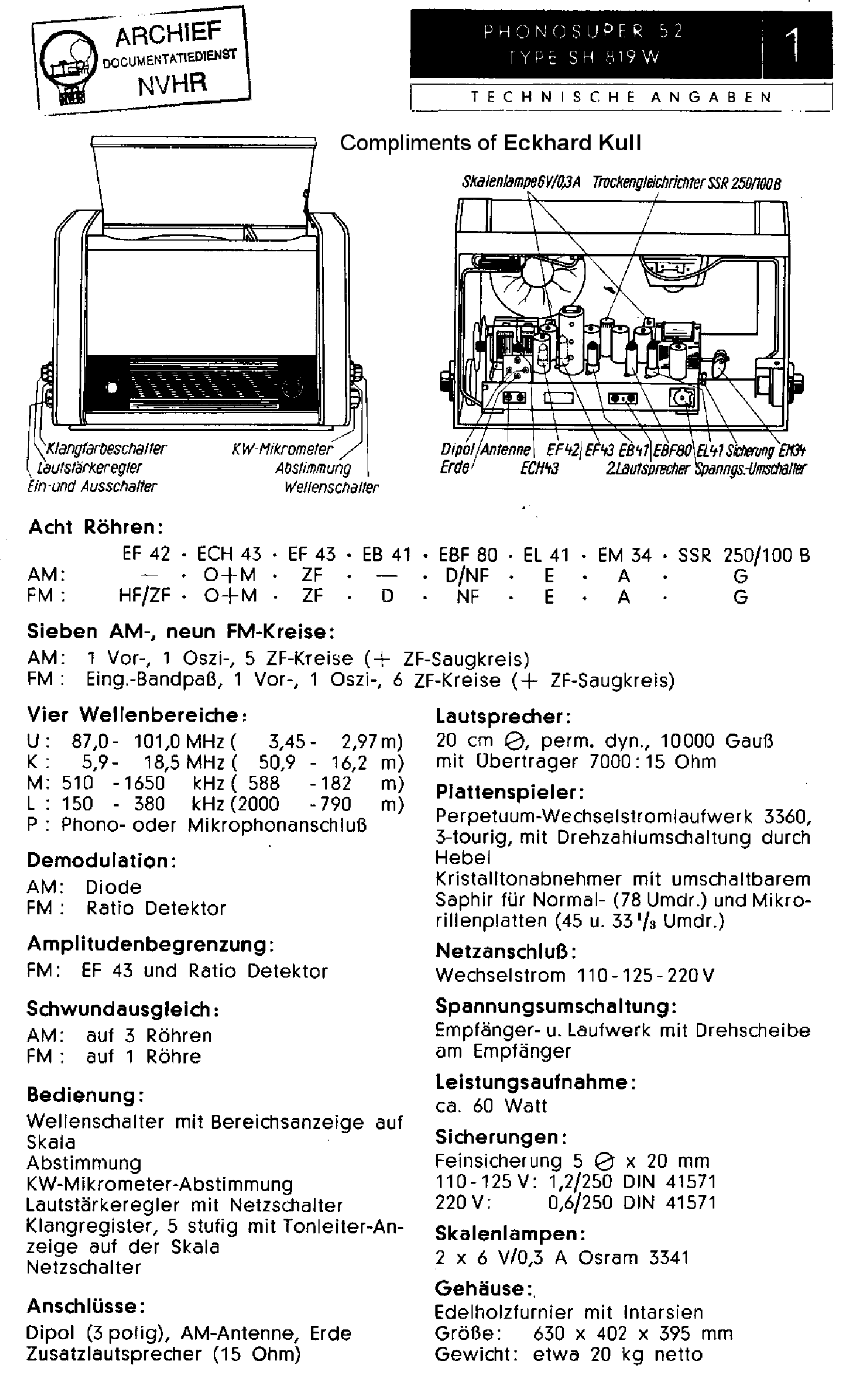 SIEMENS SH819W PHONOSUPER-52 AM-FM RECEIVER SM service manual